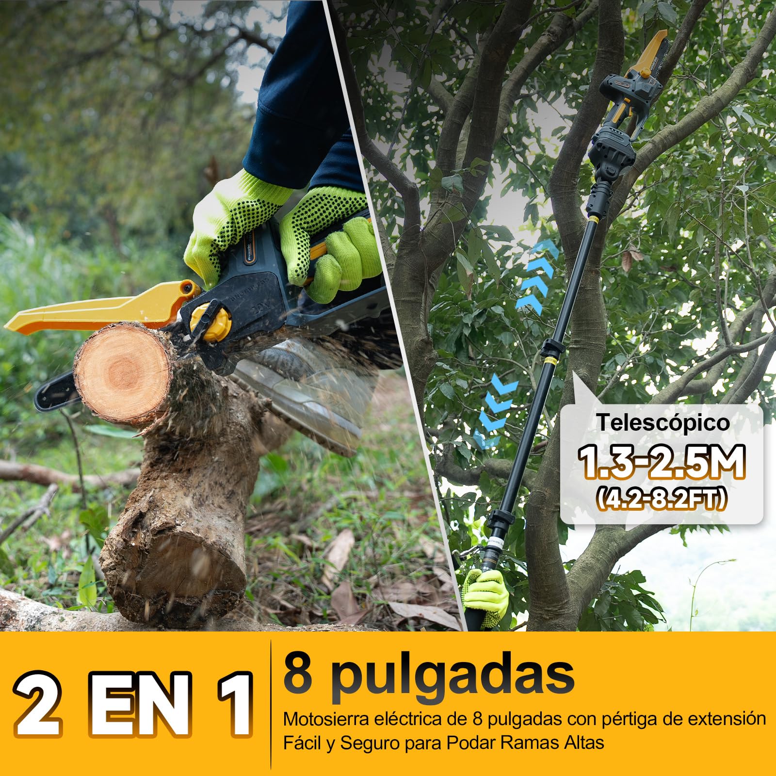 Sierra de Pértiga 2 en 1 con Mini Motosierra de 8 Pulgadas | Motor Sin Escobillas, Engrase Automático, Cabezal Ajustable 180°, Alcance Hasta 2,5 m Con Dos Baterías De 4,0 Ah