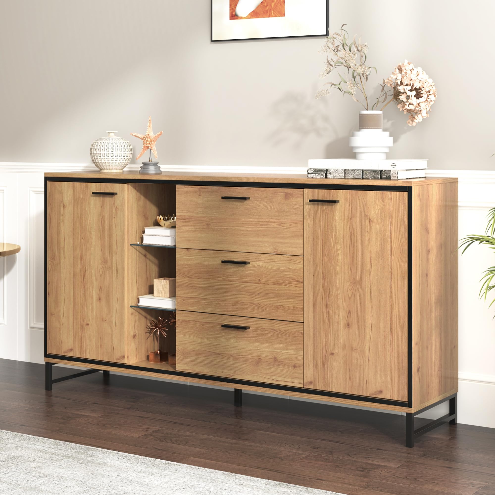 Credenza a tre cassetti con due ante Squisita venature credenza moderna in colore legno con ripiani - mobili eleganti e funzionali, colore legno e nero.