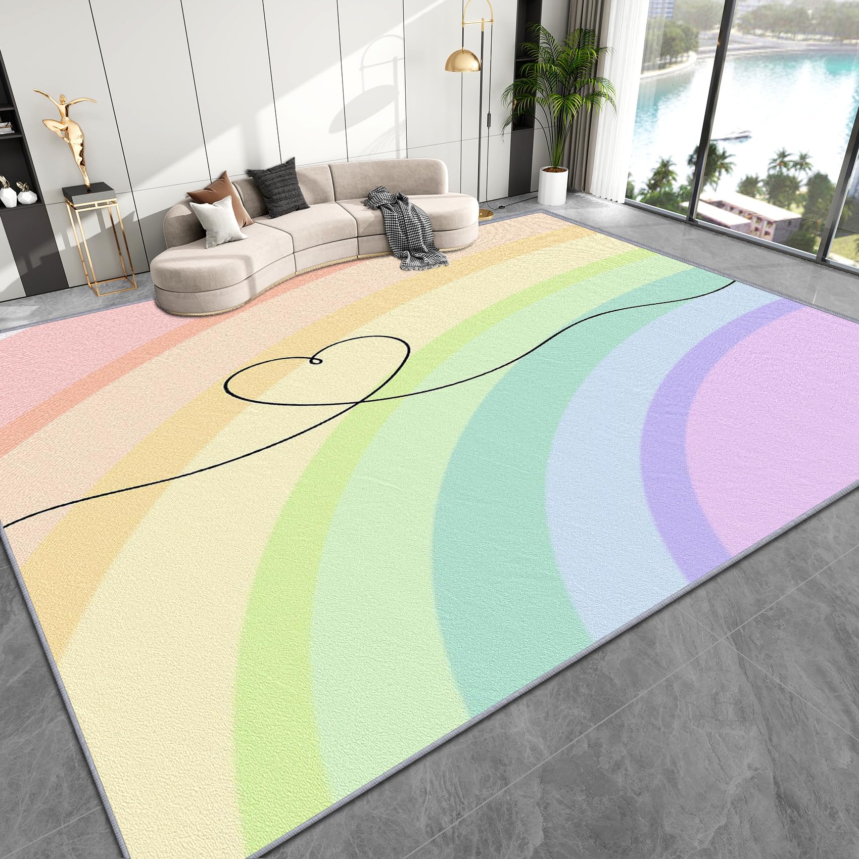 Regenbogen Deko, Bunt Teppich 100x150 Kurzflor, Teppich Wohnzimmer Herz, Weich rutschfest Waschbare Teppiche, Bettvorleger Schlafzimmer Kinderzimmer