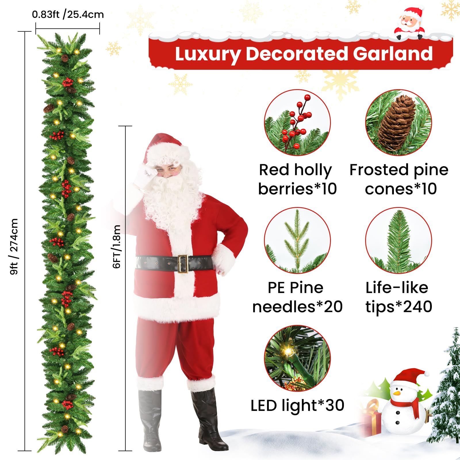 Guirlande de Noël 2,7 M, Rintea Guirlande Sapin Artificiel avec Lumières 30 LED, Étanche Couronne de Noel, Decoration de Noël pour Jardin Mur Cheminée Escalier Sapin de Noel