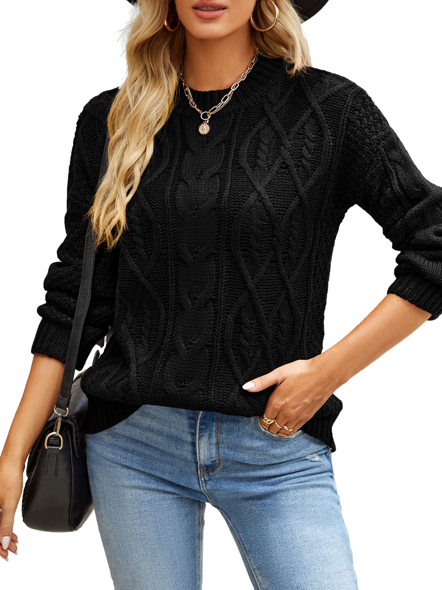 Yacooh Womens Cable Knit Sweaters, Crewneck Long Sleeve Pullover Tops Casual Chunky Knitted Sweater Jumper
