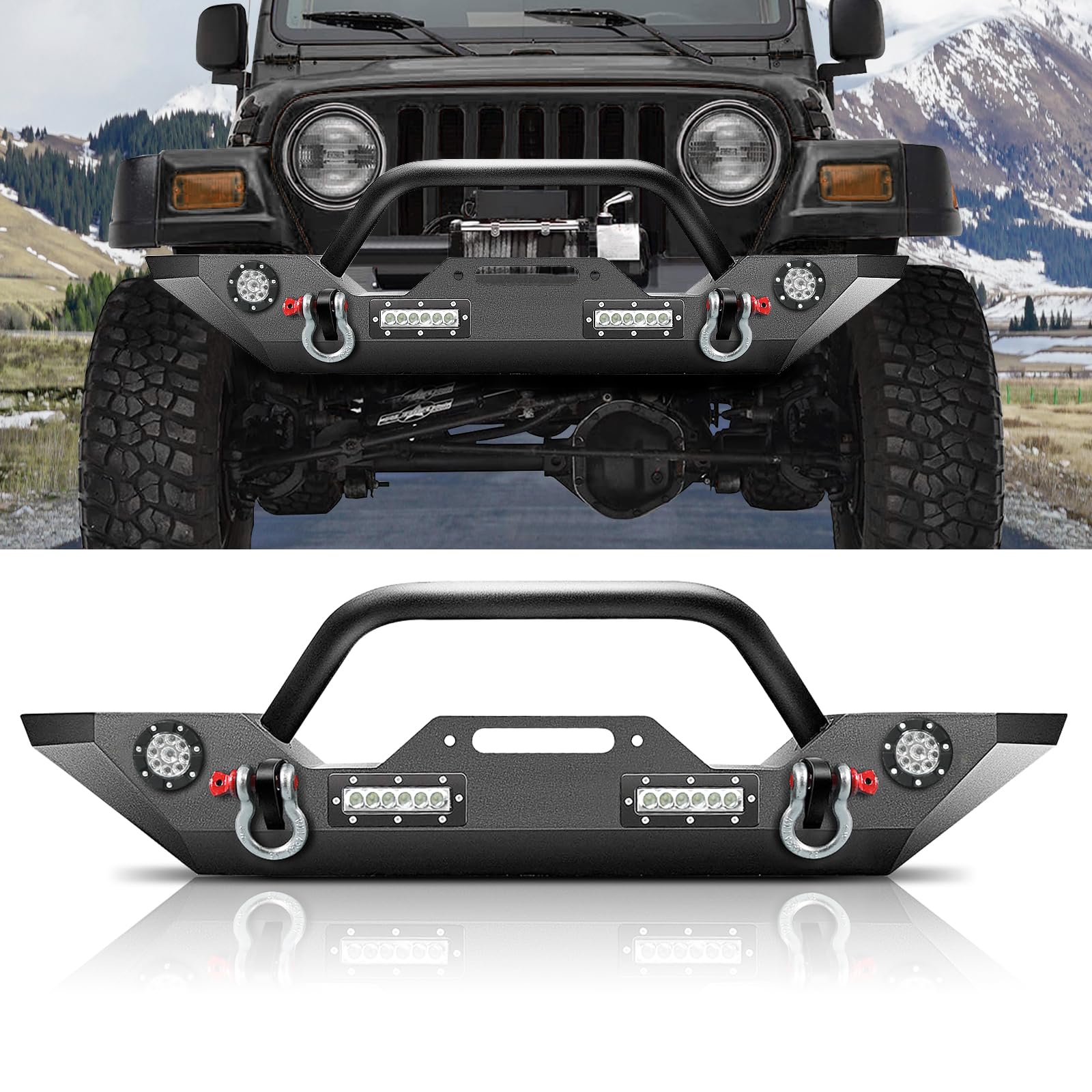 (similar item ) Front Bumper Offroad Fits for Jeep Wrangler JK 2007-2018, Heavy Duty Front Bumper w/4 LED Lights 2 D-ring Winch Plate Powder-Coated Black Carbon Steel
