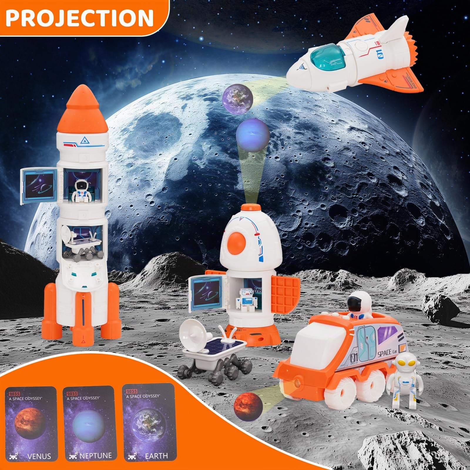 Fusée Spatiale pour Enfants - Fusée Jouet Espace & Navette Spatiale Jouets, Modèle avec Astronaute (Orange), Effets Sonores Lumineux, Éducatif 3 Ans et Plus