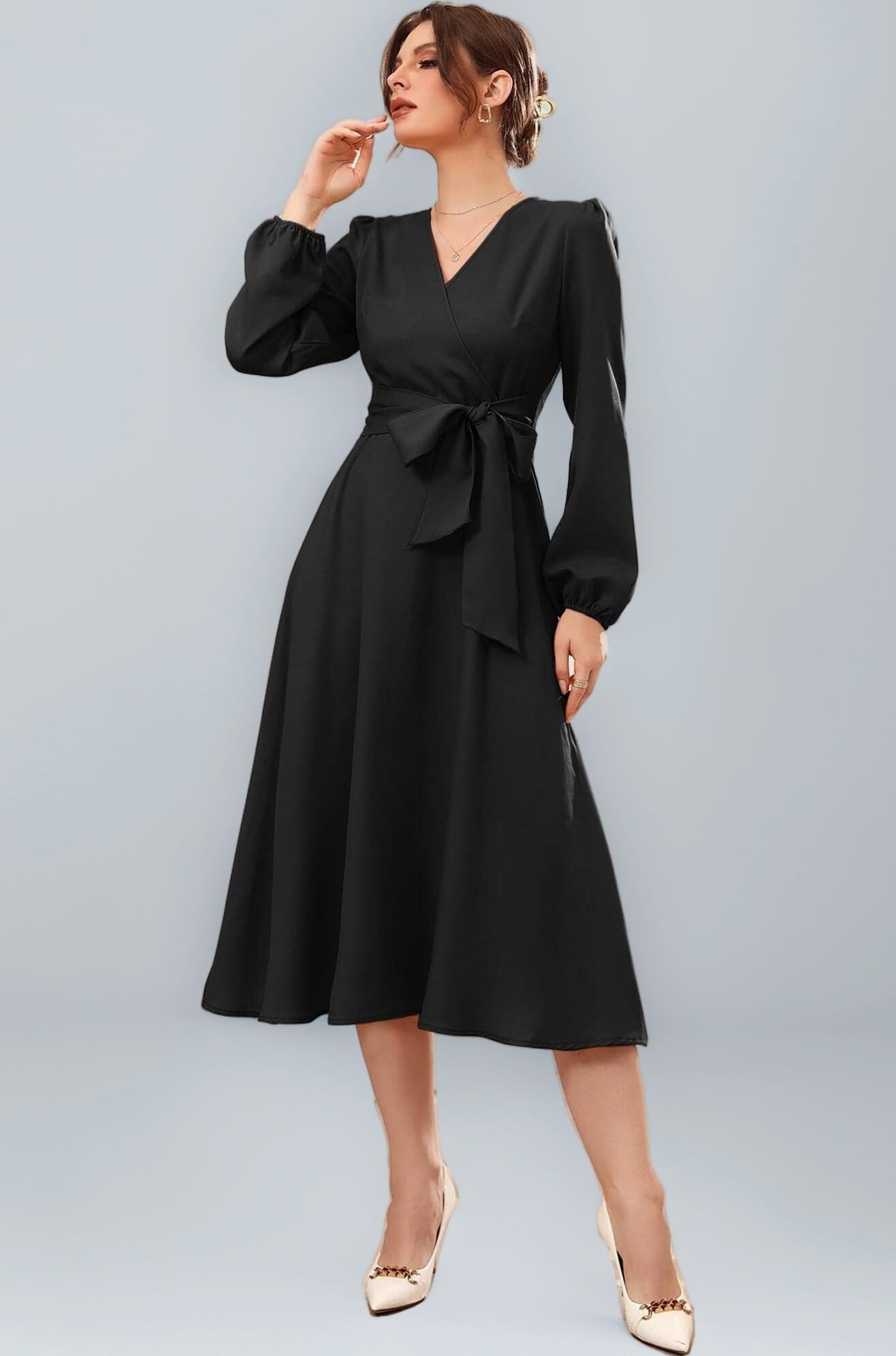 Women's Polyester A-line V-Neck Bishop Sleeve Midi Belted Dress