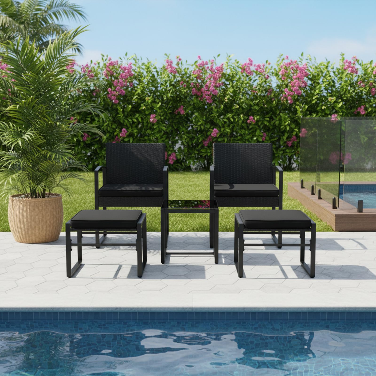 buybyroom Patio Furniture Set, 5 Piece Rattan Garden Furniture Set, Garden Patio Set Suitable for Indoor and Outdoor, Black, 2 Armchairs + 2 Footstools + 1 Table