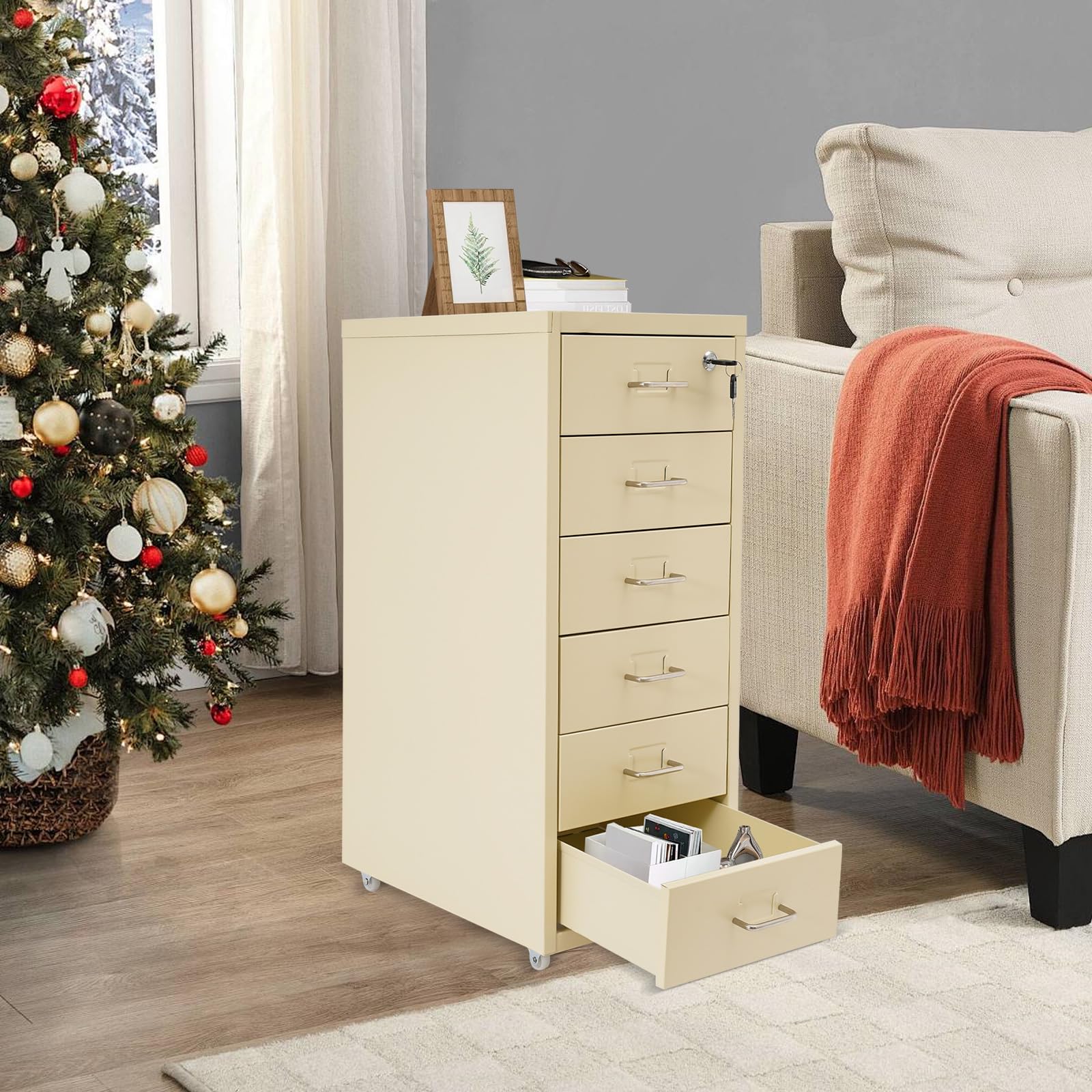 Contenitore con ruote in metallo, mobile per ufficio da scrivania, organizzatore per ufficio con 6 cassetti, armadio con serratura con ruote, 28 × 41 × 69 cm (beige)