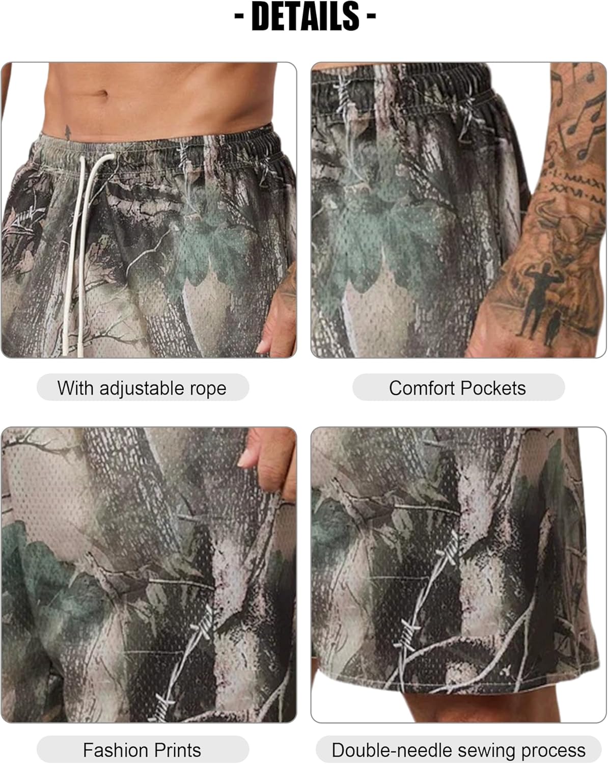 Mens Basketball Shorts Camo Graphic Casual Workout Running Laef Drawstring Shorts with Pockets - Image 2