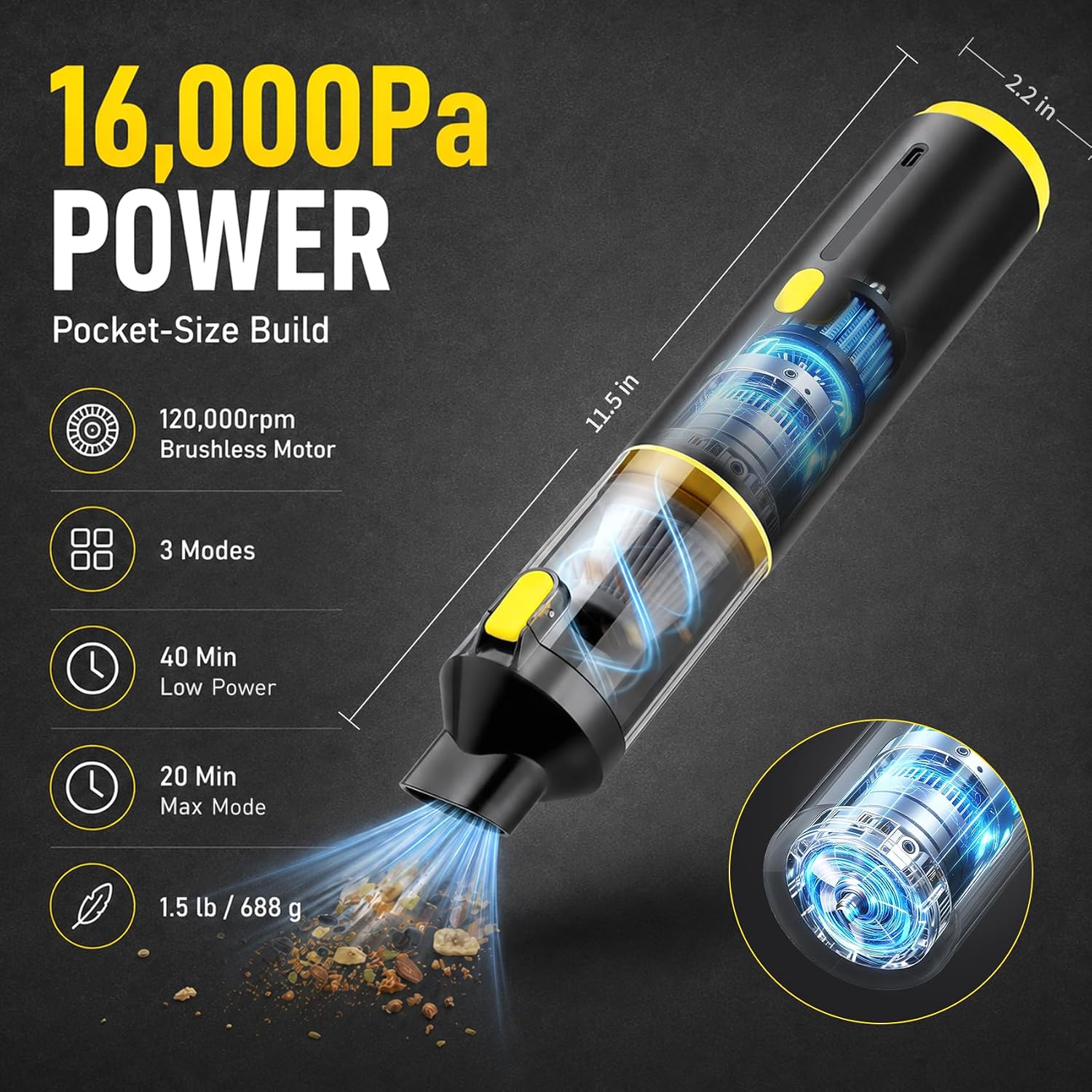 CROS Handheld Car Vacuum Portable Cordless 3 Suction Modes, 16000Pa 4-in-1 Mini Vacuum with Interchangeable Accessories for Car, Small Jobs, Keyboard, and Office, USB-C Rechargeable image 3