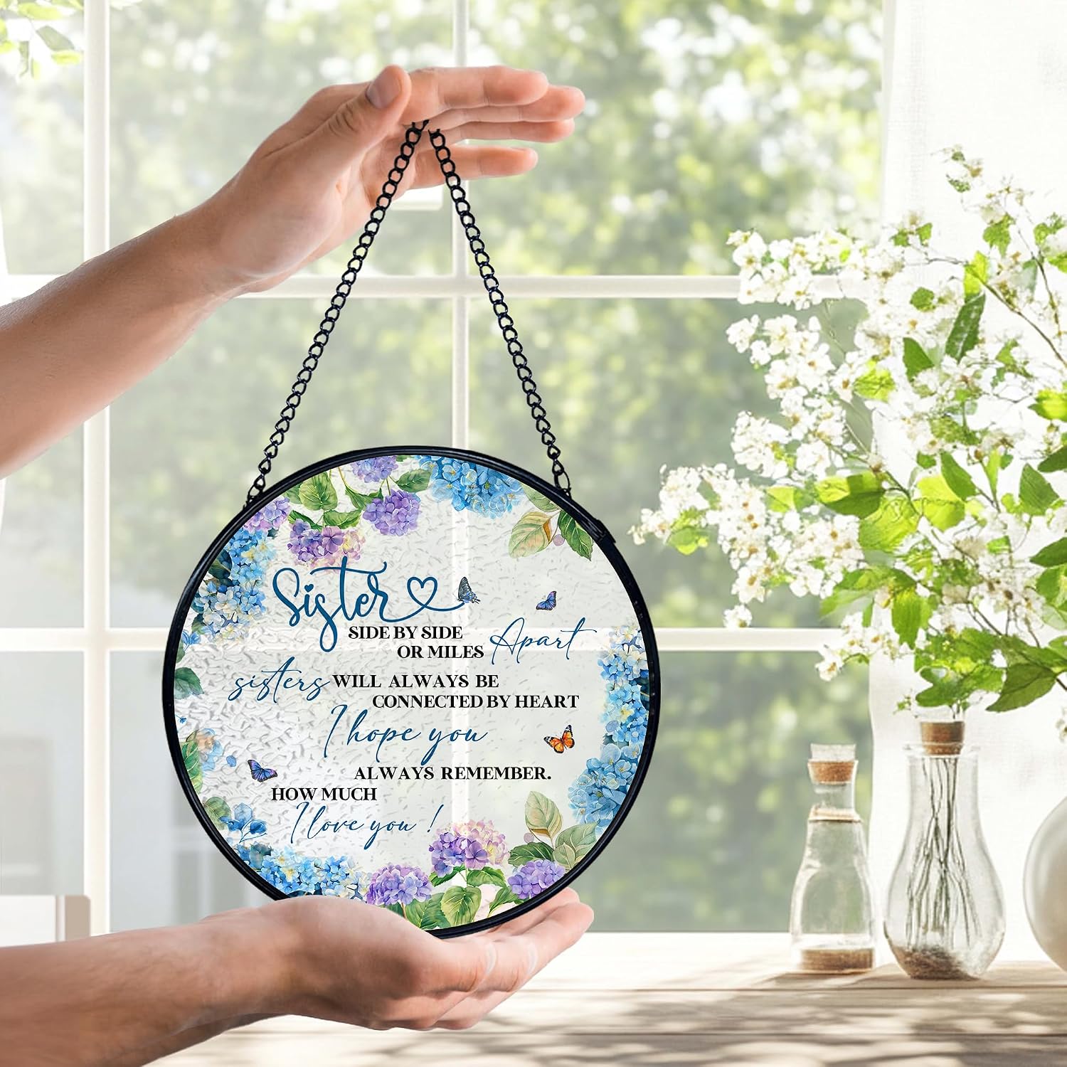 Sisters Gifts, Sister Flower Suncatchers Stained Glass Window Hanging, Sisters Gifts for Christmas Sun Catchers Indoor Window Glass Round Wall Decor, 7.9x7.9in