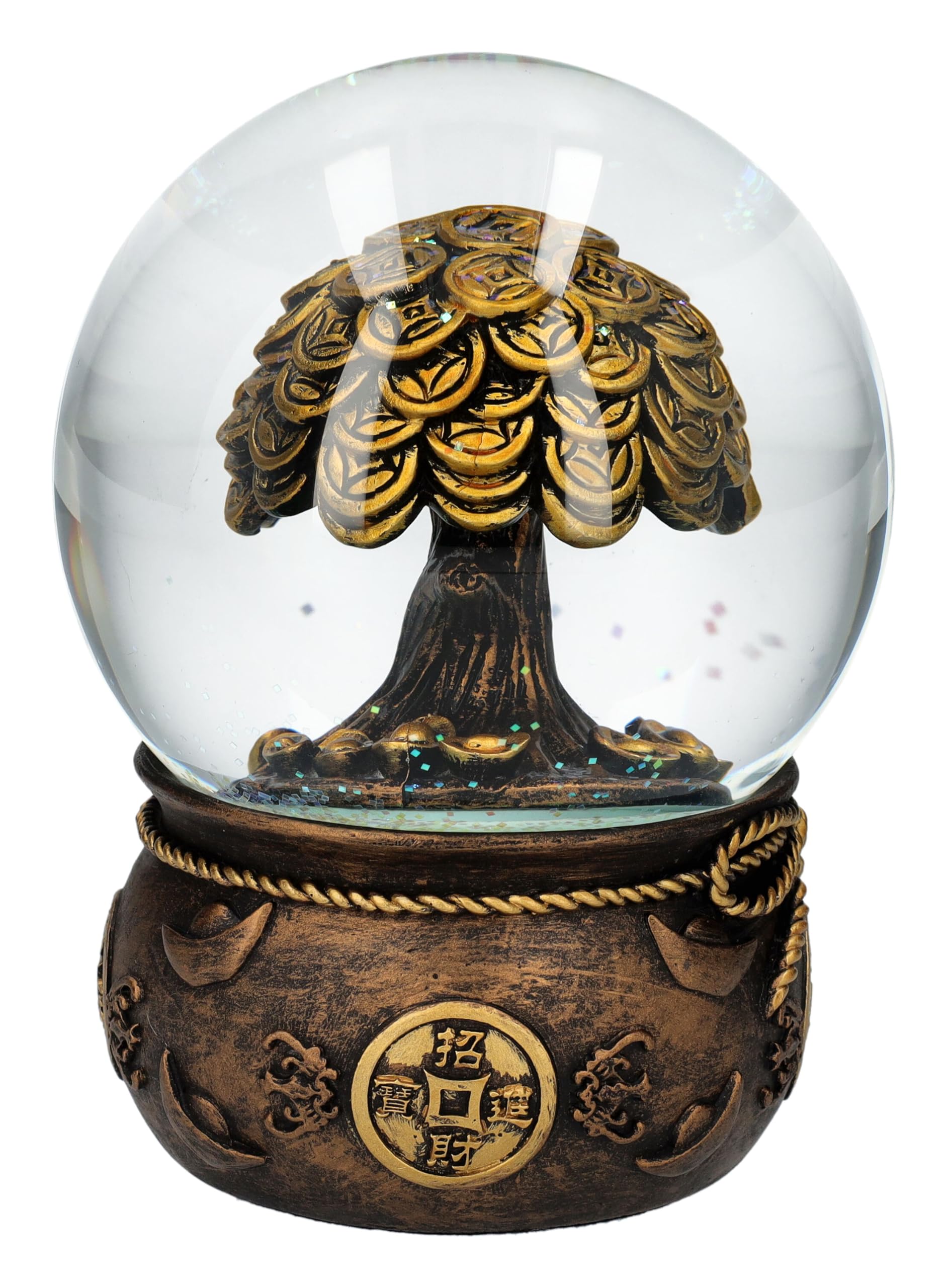 Glücksbringende Geldbaum Schneekugel, Feng Shui, 13,5 cm - Bronzefarben, Chinesische Münzen, Glücksbringer Figur