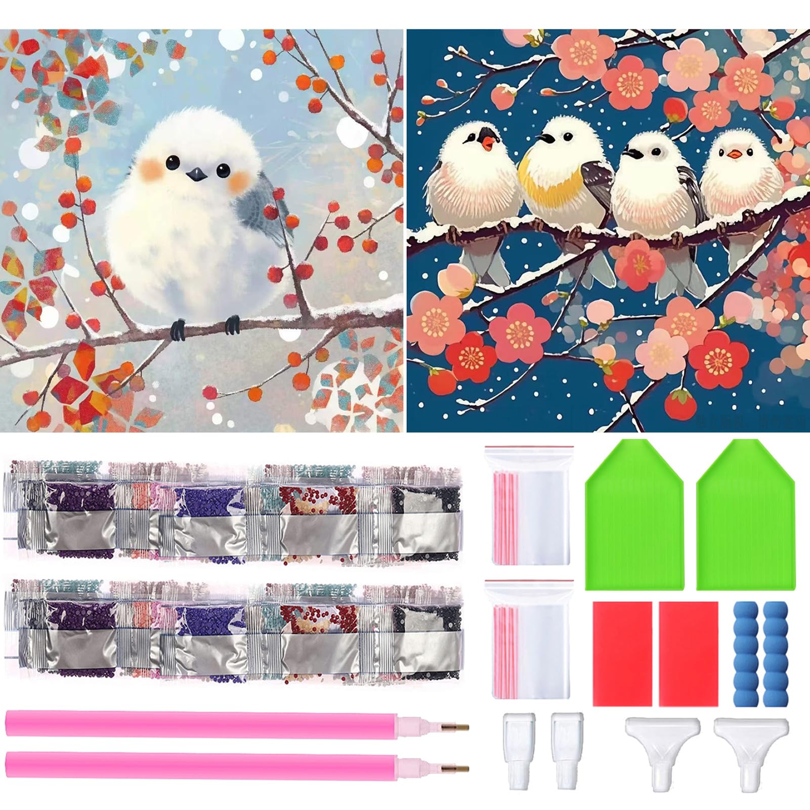 MMMonyHar ダイヤモンドアート キット 5D 丸いビーズ 全面貼り付け 2個セット 初心者 大人 DIY 手芸 手作り絵画 ダイアモンドビーズ絵画キット モザイクアート ダイヤモンド塗装 壁 デスクトップ 飾り 30x30cm シマエナガ シマエナガ 2個セット シマエナガ