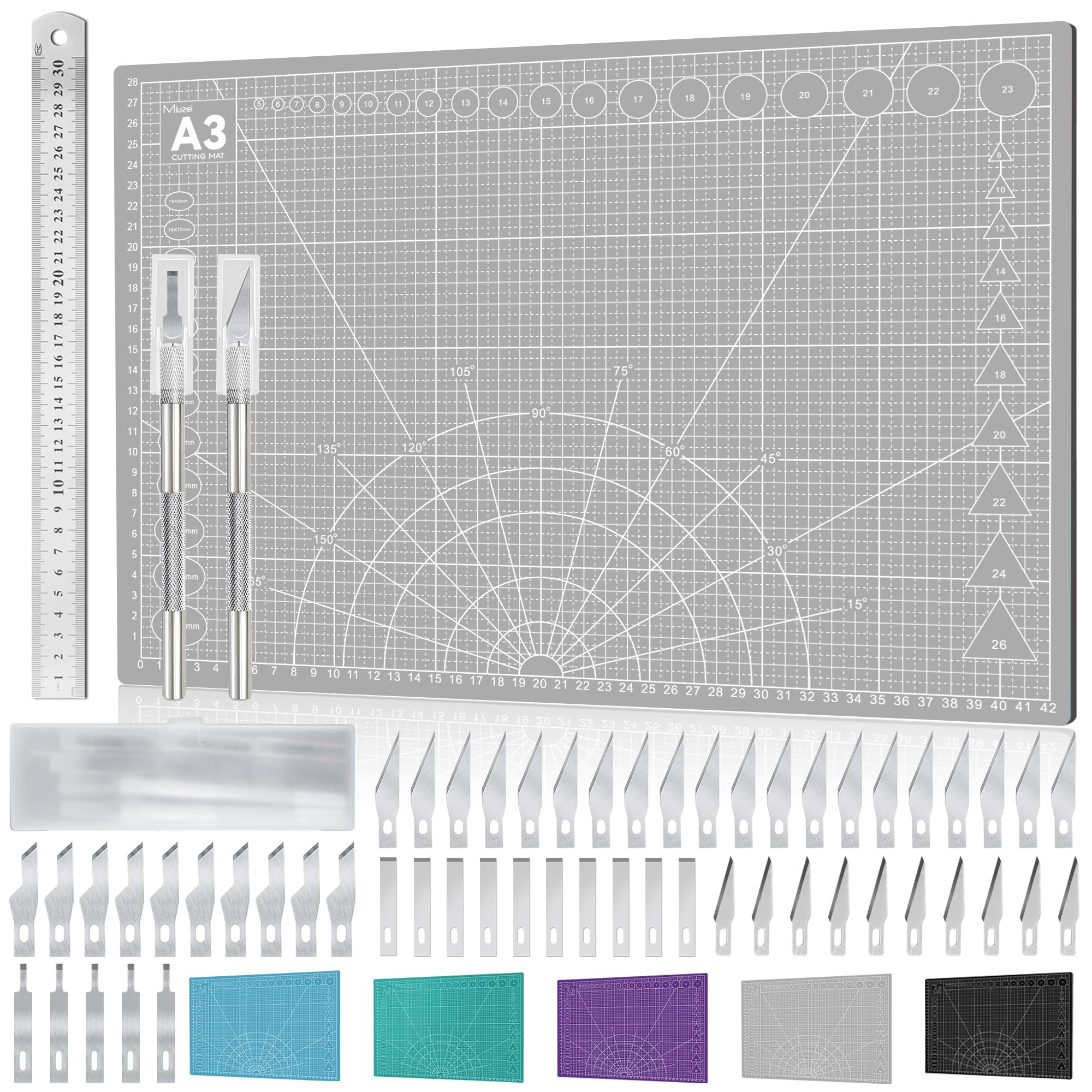 Miuzei Cutting Mat Set A3 with Steel Ruler - Self-Healing Craft Mat for Sewing, Fabric & Drawing Projects Gray