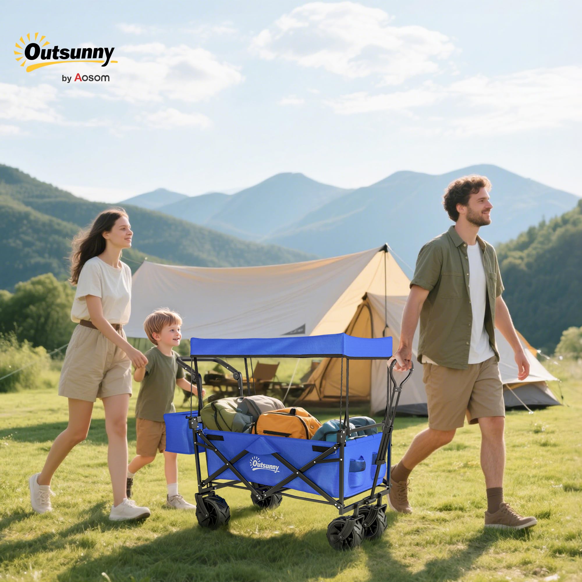 Outsunny Carro Transporte Plegable Ruedas Universales 117x55x98 cm Azul | Carro de Mano Plegable, Toldo, Manillar Regulable en Altura, Carga Máx. 68 kg, Carro Playa Plegable, Jardín Camping
