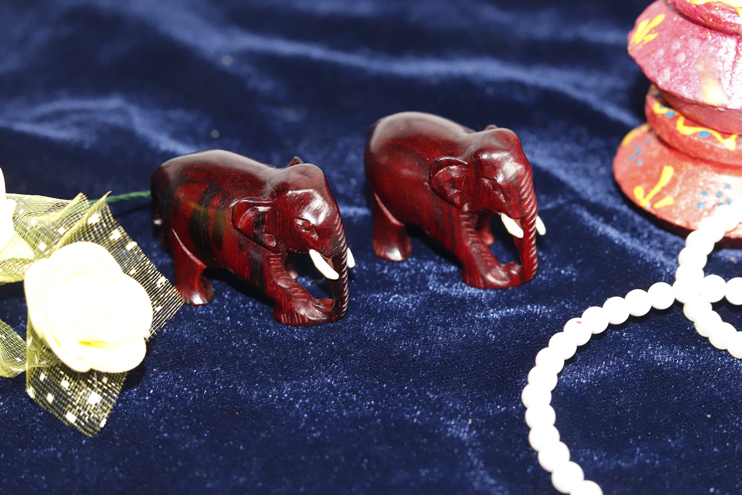 KC Products® Natural Original Red Sandalwood (Lal Chandan) Elephant Pair Down Trunk 1 INCH for Home Décor Table Décor Gifts Pooja Showpiece [ Down Trunk ]