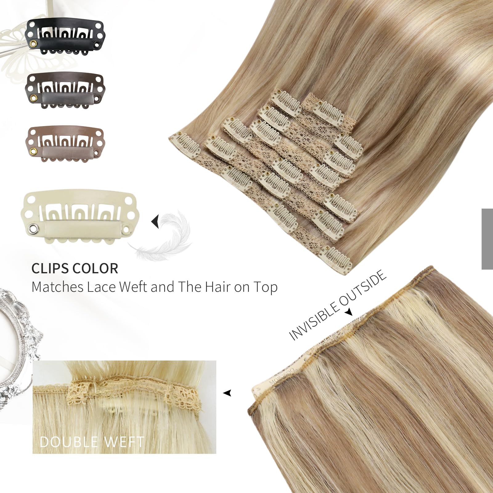 Moresoo Clip in Hair Extensions Real Human Hair Full Head Clip in Hair Extensions Honey Blonde Highlight with Medium Blonde Remy Hair Long 24 Inch 7 Pieces/120g #16/22 - Image 4