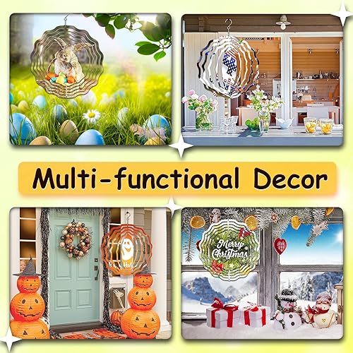 Miniatura 6 de Paquete de 4 hilanderos de viento de sublimación de 8 pulgadas, molinillos de viento de aluminio 3D colgantes para patios y jardines (redondo)