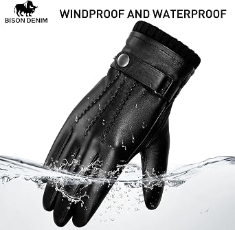 BISON DENIM Sheepskin Leather Gloves for Men, Winter Warm Touchscreen Gloves with Cashmere Lining, Driving Motorcycle Gloves