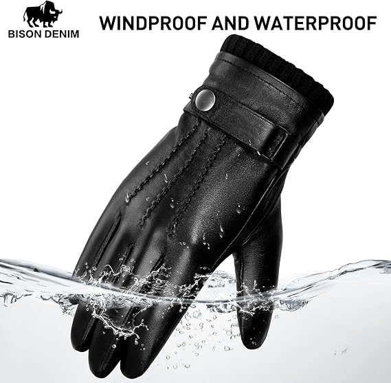 BISON DENIM Sheepskin Leather Gloves for Men, Winter Warm Touchscreen Gloves with Cashmere Lining, Driving Motorcycle Gloves