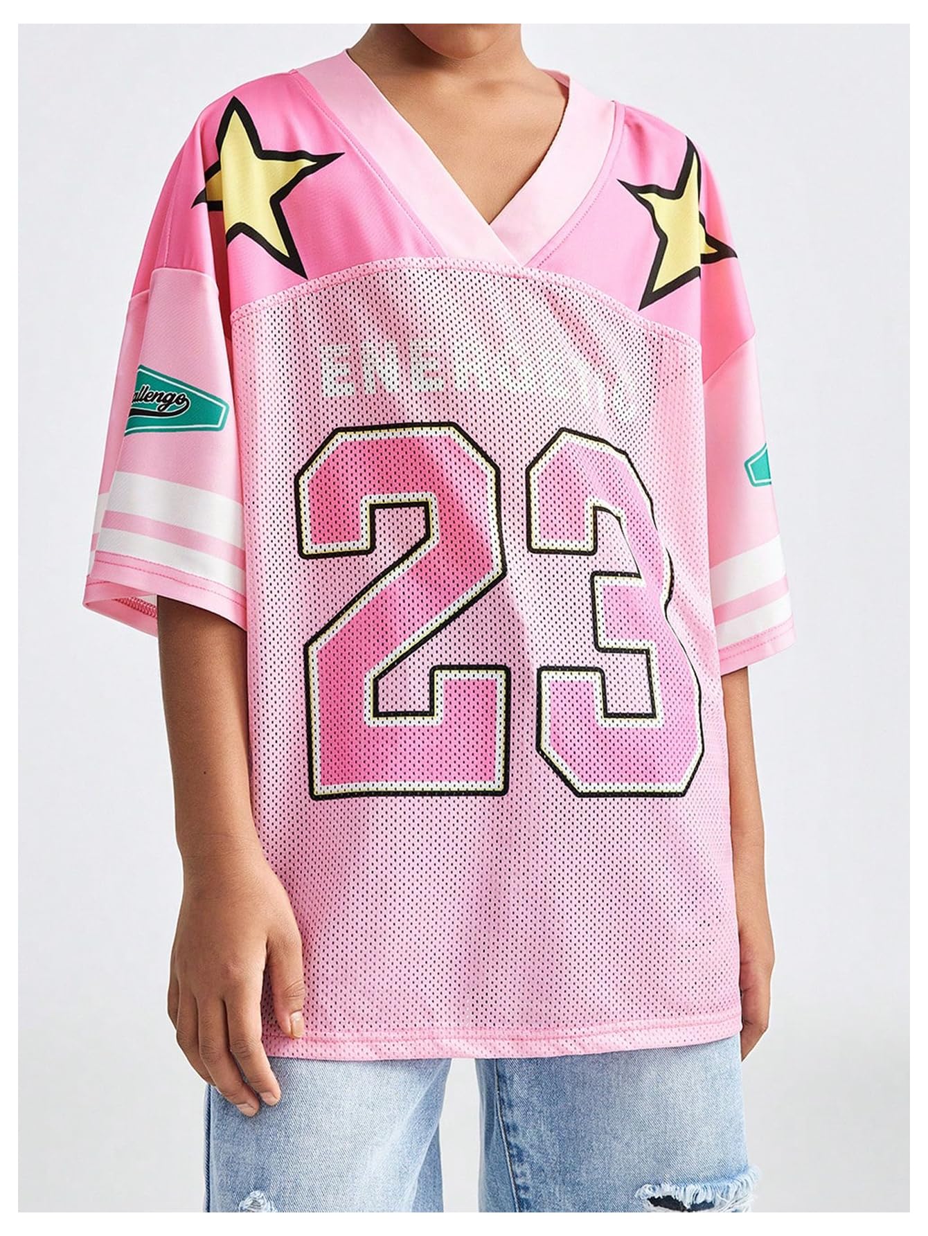 Floerns Camicia in jersey da ragazza stampata oversize a maniche corte in rete con scollo a V camicie sportive in jersey