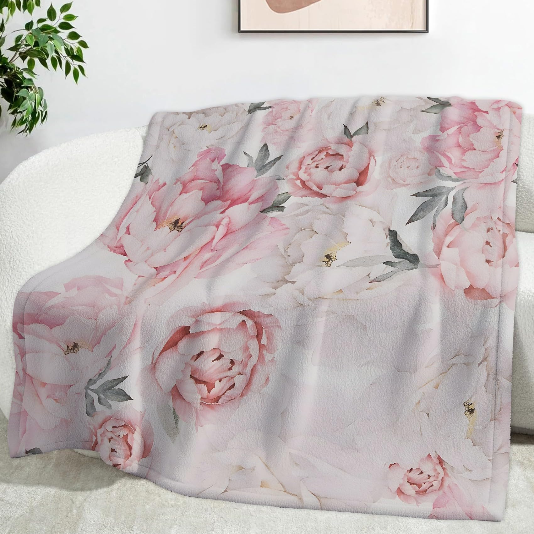 Ypthriline Pink Peony Blanket, Forest Style Microfiber Flannel Throw Blanket, Comfortable Soft Fluffy and Warm, Blankets for Beds, Sofas and Recliners, 220×240 CM