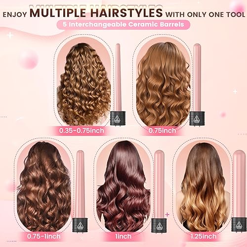 Miniatura 2 de Juego de rizador 5 en 1, rizador de pelo intercambiable, barriles de cerámica (0.35 a 1.25 pulgadas), guantes protectores contra el calor de barril,
