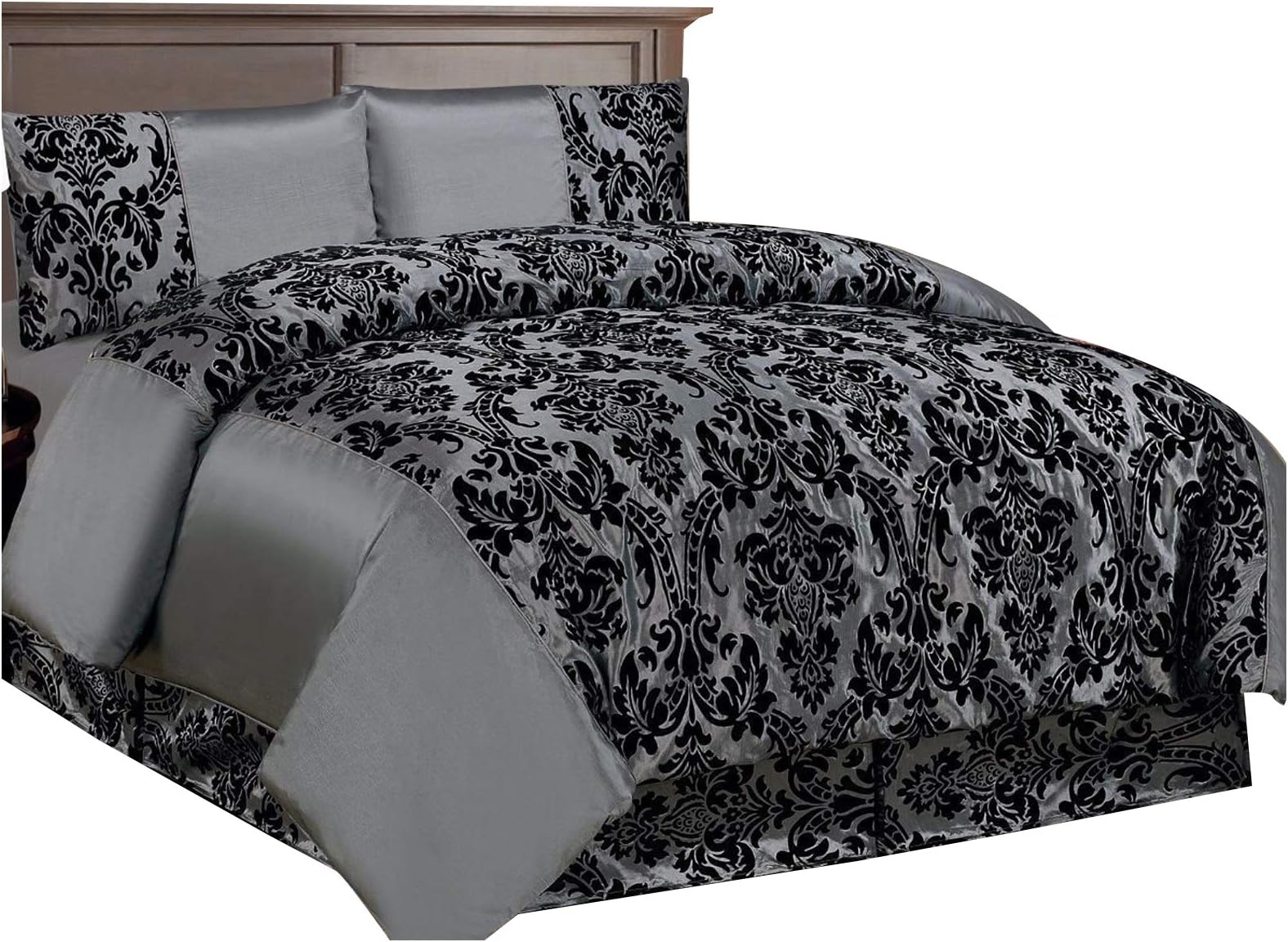 Massari Collection 4PC Lisa Luxury Damask Flock Duvet Cover Complete Bedding Set Double and King (King, Lisa Grey)