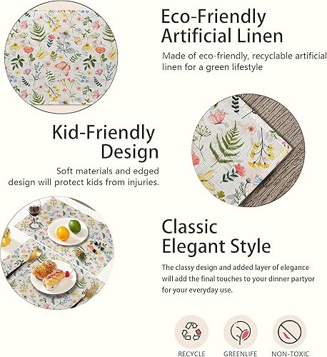 Miniatura 3 de Juego de 6 manteles individuales con diseño de flores silvestres y flores, lavables, resistentes al calor, resistentes al calor, para fiestas,