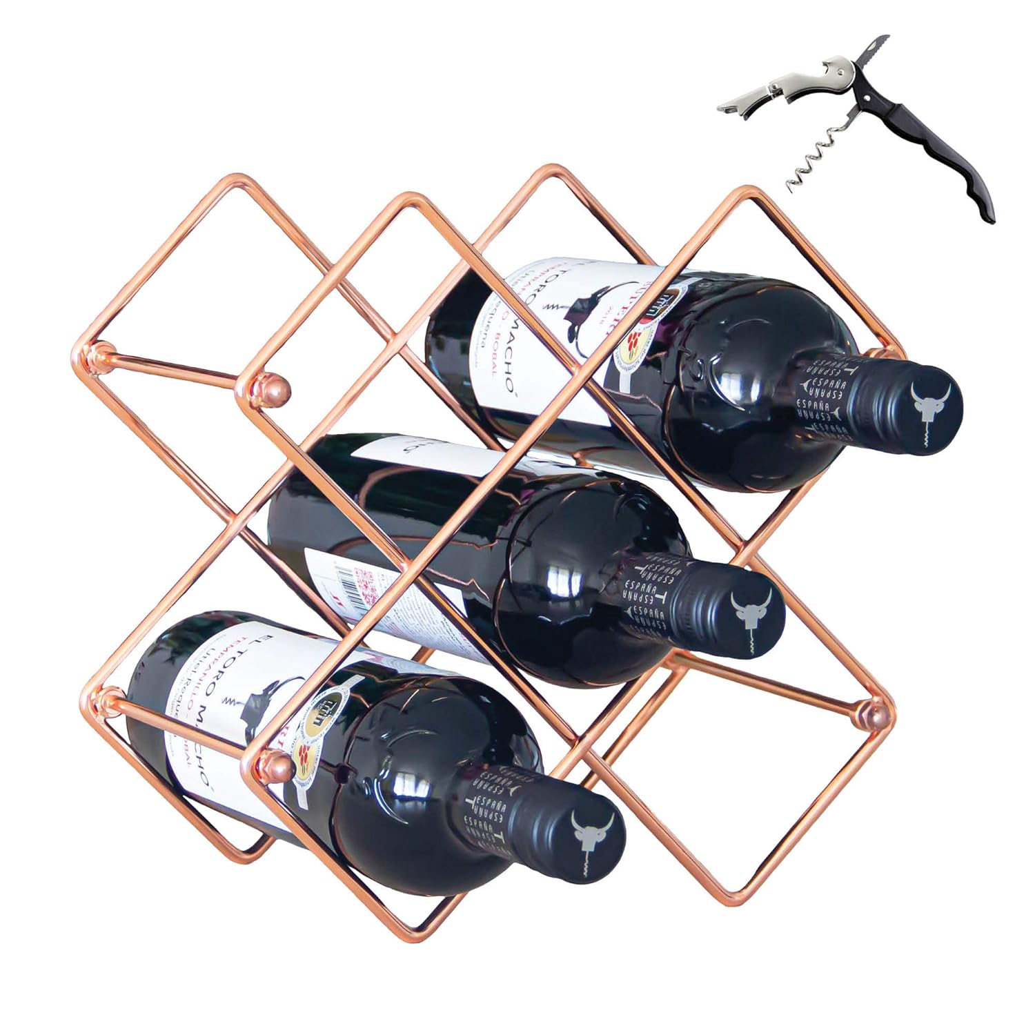 Countertop Wine Rack in Rose Gold with Corkscrew Wine Opener Holds 6
