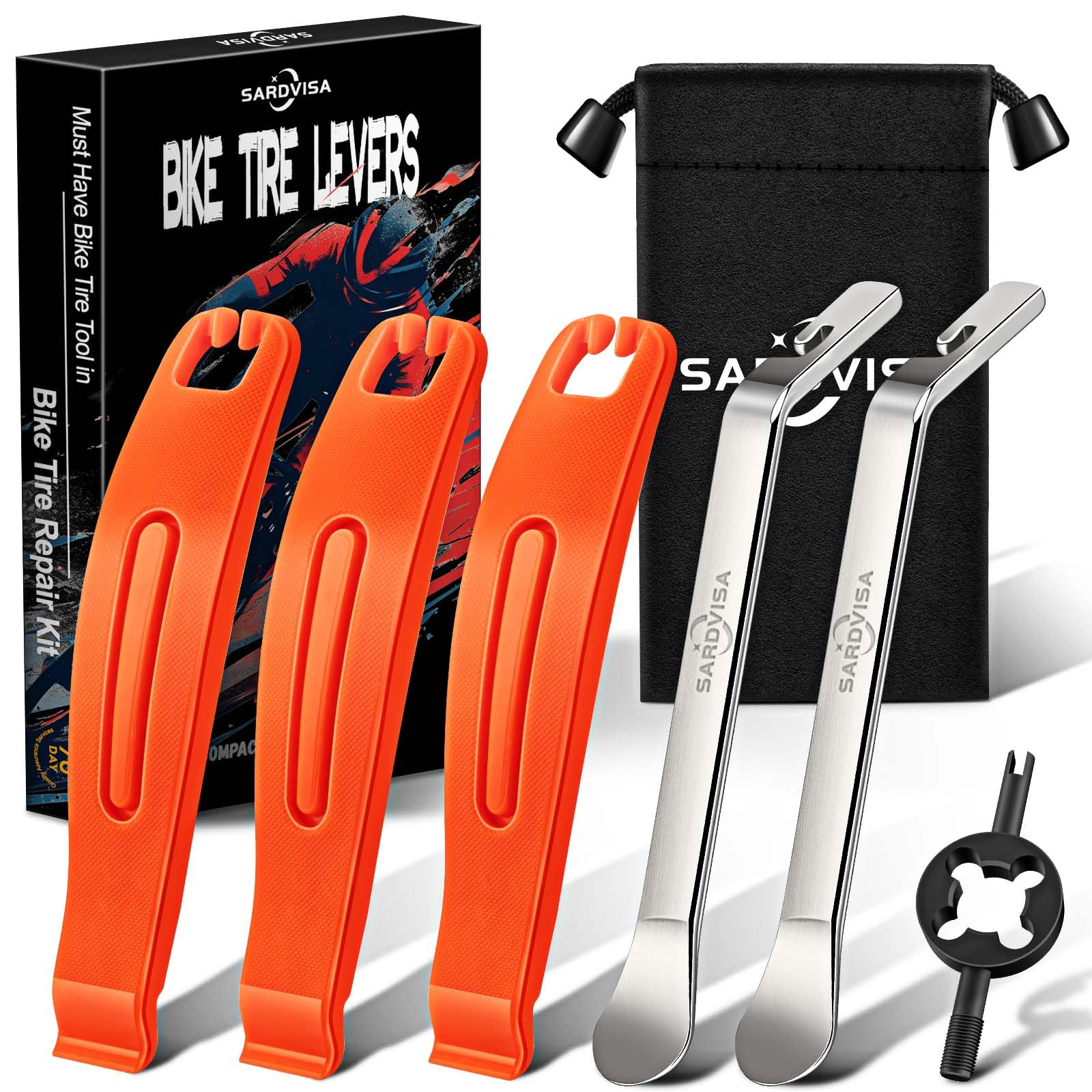Bike Tire Levers| 3-Pcs Ultra Strong Tire Levers & 2-Pcs Stainless Steel Tire Spoons, Bike Tire Removal Tool for Road or Mountain Bike Tires, Must Have Bike Tire Tool in Bike Tire Repair Kit