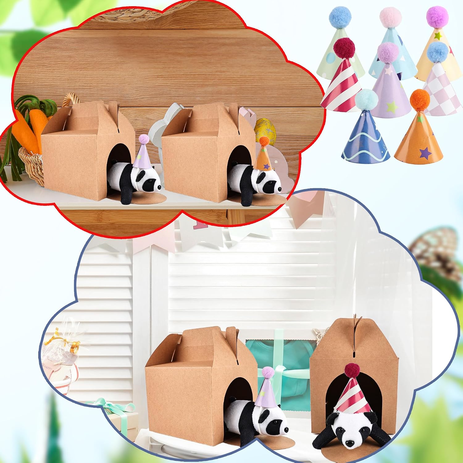 65 Pcs Adopt a Panda Party Favors Include 16 Mini Panda Stuffed Animal Bulk 16 Boxes 16 Cards 16 Multicolor Hat and 5m Rope for Panda Party Favors Birthday Gifts image 3