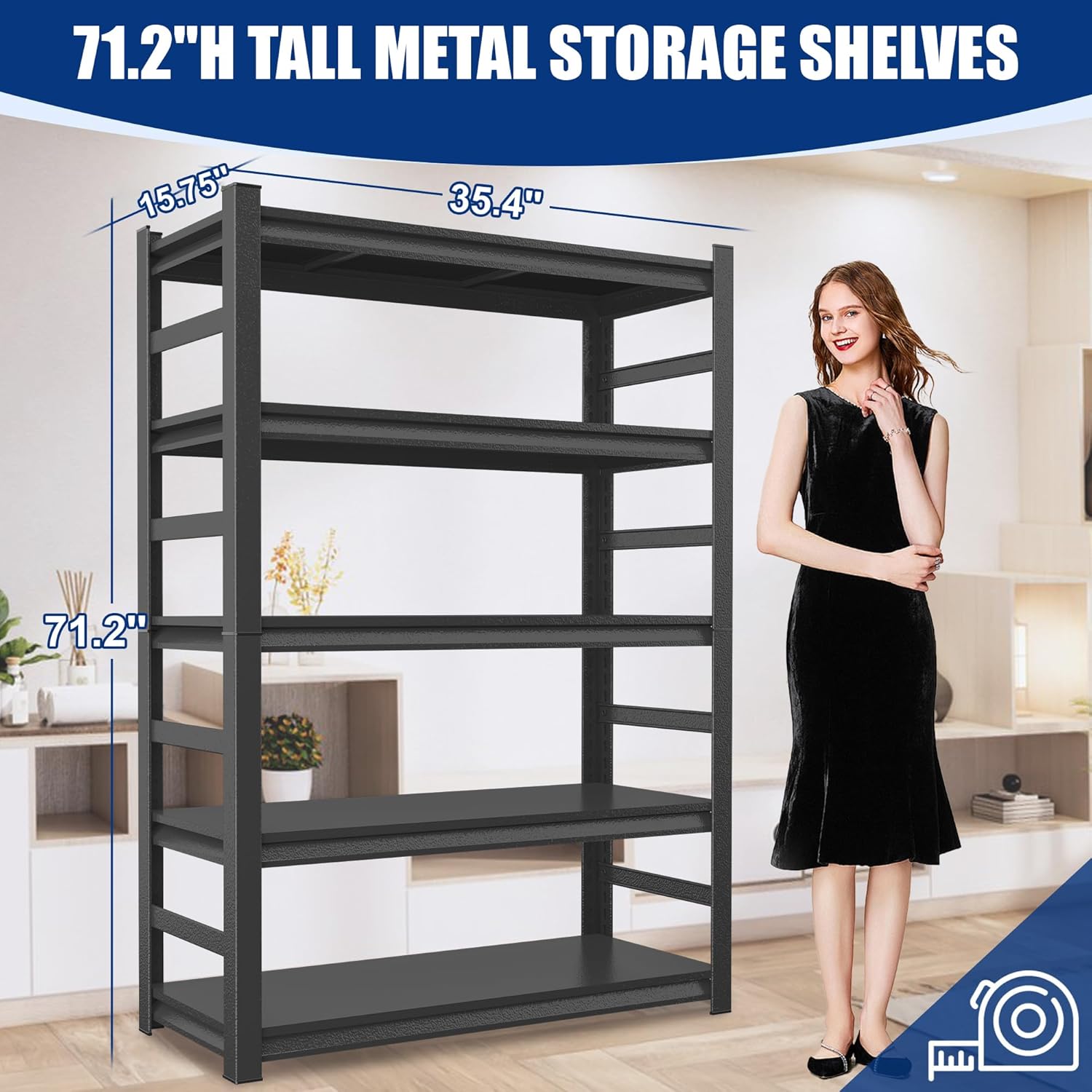 Metal Kitchen Shelf, Heavy Duty 5 Tier Adjustable Storage Shelf, 3000 lb. Load Capacity, Steel Dividers for Heavy Duty Tools and Cookware, Ideal for Kitchen, Pantry, Garage,71.2 “H x 35.4"W x 15.75 "D