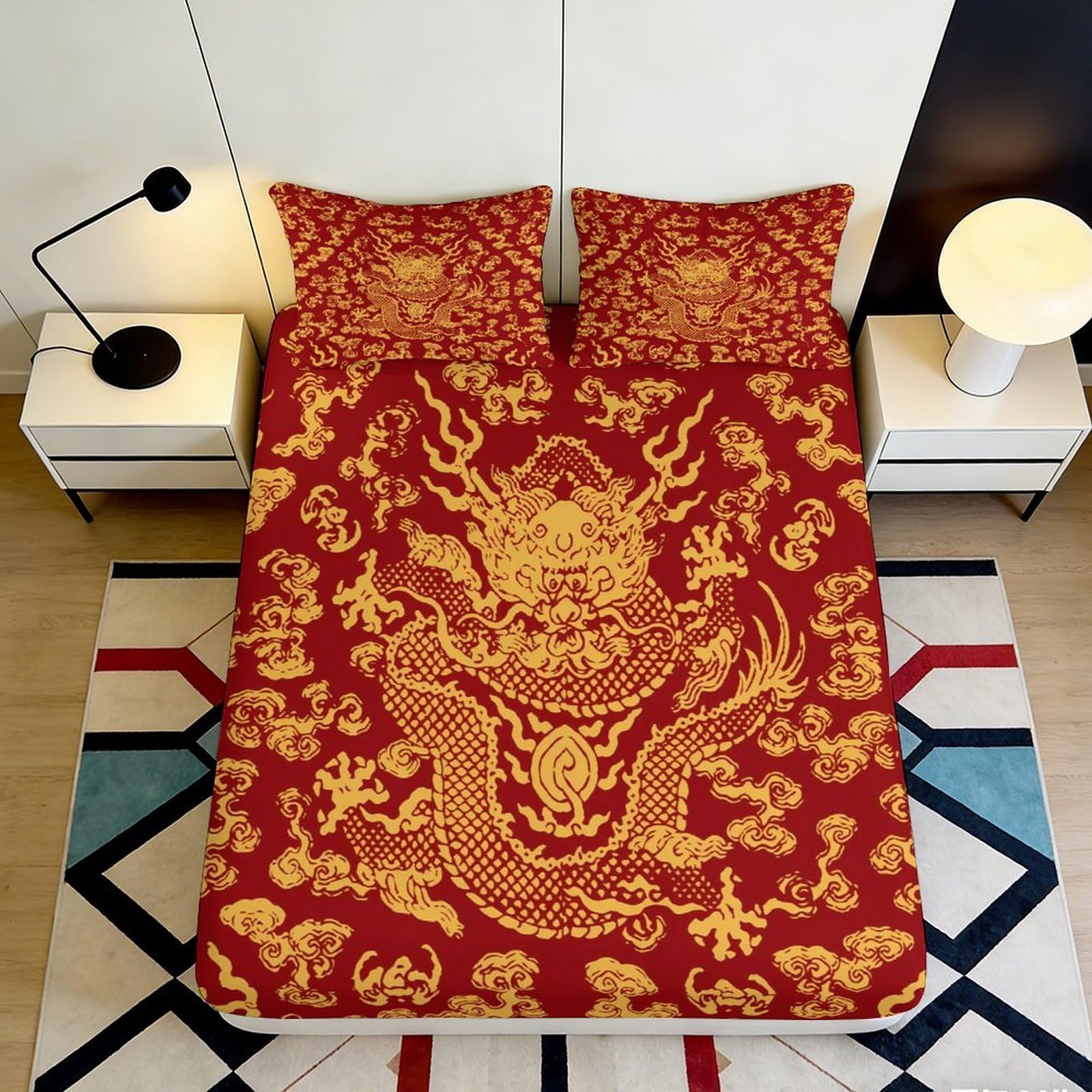 3D Printed Red Dragon Fitted Sheet Microfiber Gold Oriental Bed Cover for Bedroom Guest Room Dorm Mattress Decor 90x200x25cm