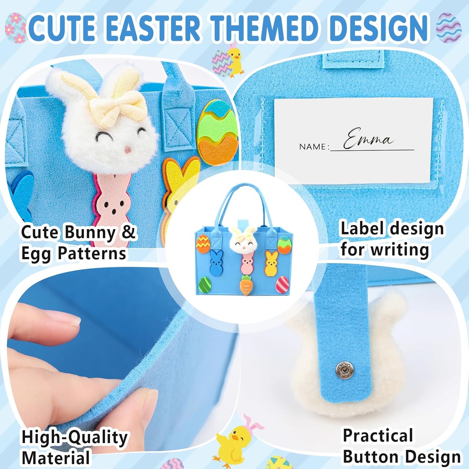 Axcoix 3 Pack Large Easter Basket Bags with Handles, Reusable Felt Easter Gift Bags for Kids with Bunny Egg Pattern, Easter Treat Tote Bags for Candy Egg Hunt Party Favors (Blue & Pink & Green) - Image 3