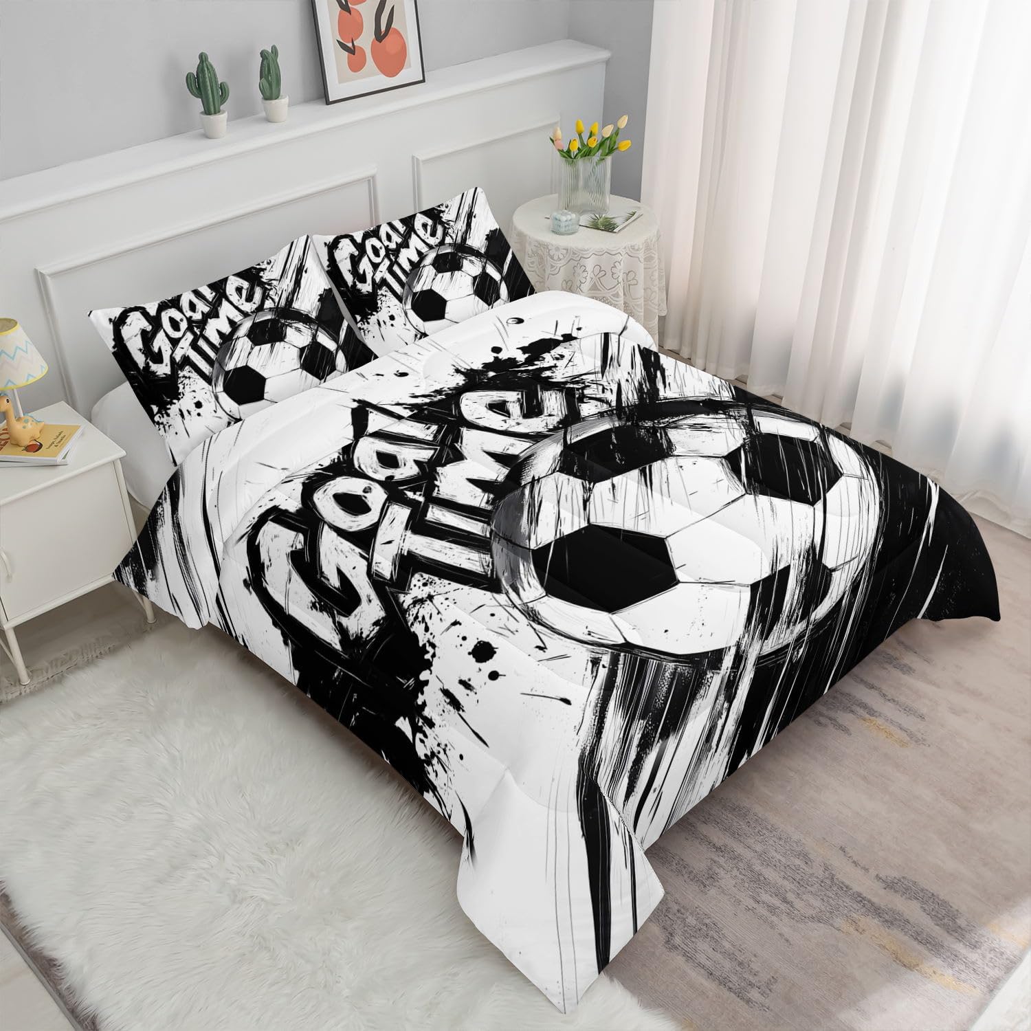 Black and White Soccer Comforter Set Sport Themed Printed Bedding Set with 1 Comforter and 2 Pillowcases for Boys and Girls Bedroom All Season(Soccer Queen) - Image 2