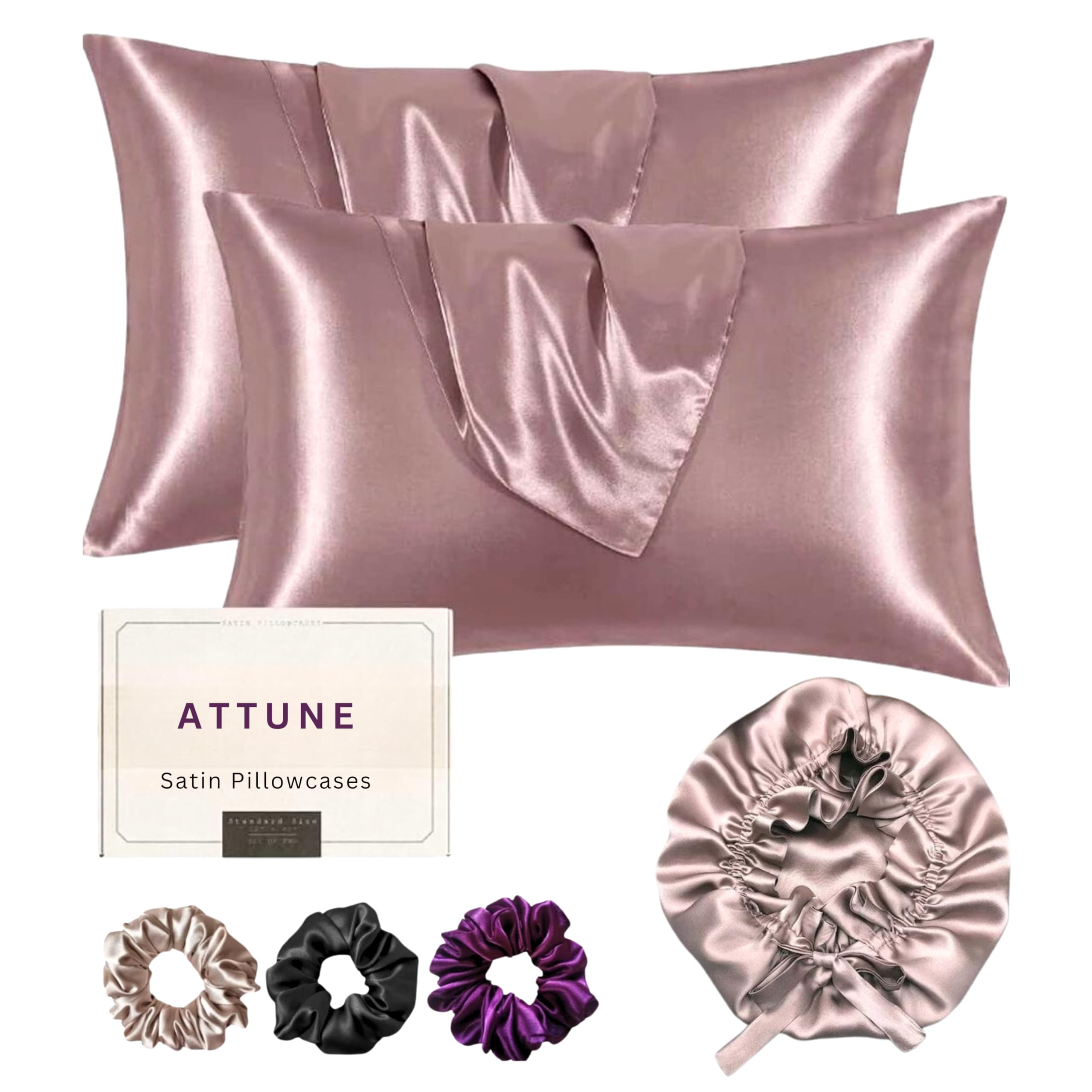 Satin Bonnet for Curly Hair with Free Silk Satin Pillow Covers and Scrunchies | Silk Bonnet for Hair|Best Gift Combo of Pack of 2 Satin Pillowcases with 3 Silk Scrunchies HairCap (Rose Taupe)-image-29