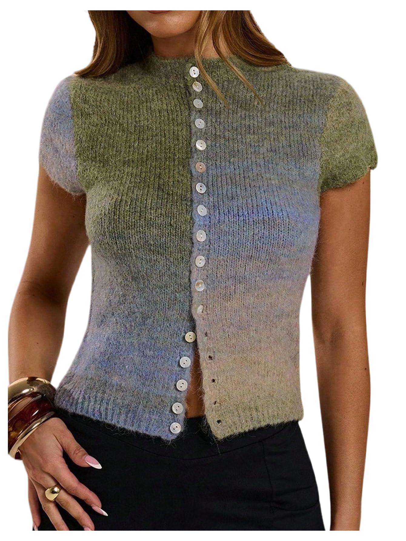 MakeMeChic Womens Fall Clourful Button Down Sweater Short Sleeve Crew Neck Knit Cardigan