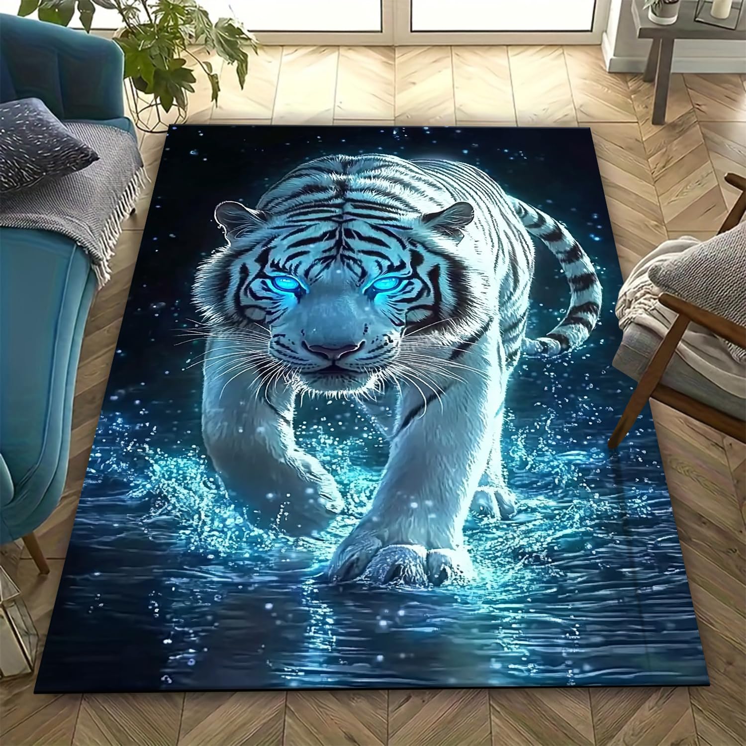 Tapis antidérapant tigre 3D grand format 200x300 cm facile à nettoyer