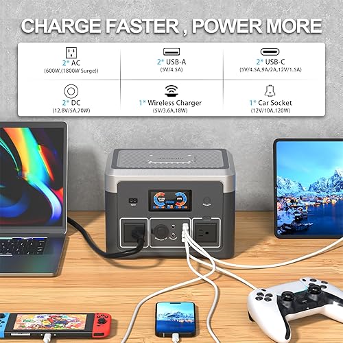 Miniatura 3 de Estación de energía portátil LiFePO4, 600 W, 665.6 Wh, generador solar de reserva de batería con 2 salidas de CA de 600 W (sobretensión de 1800 W),