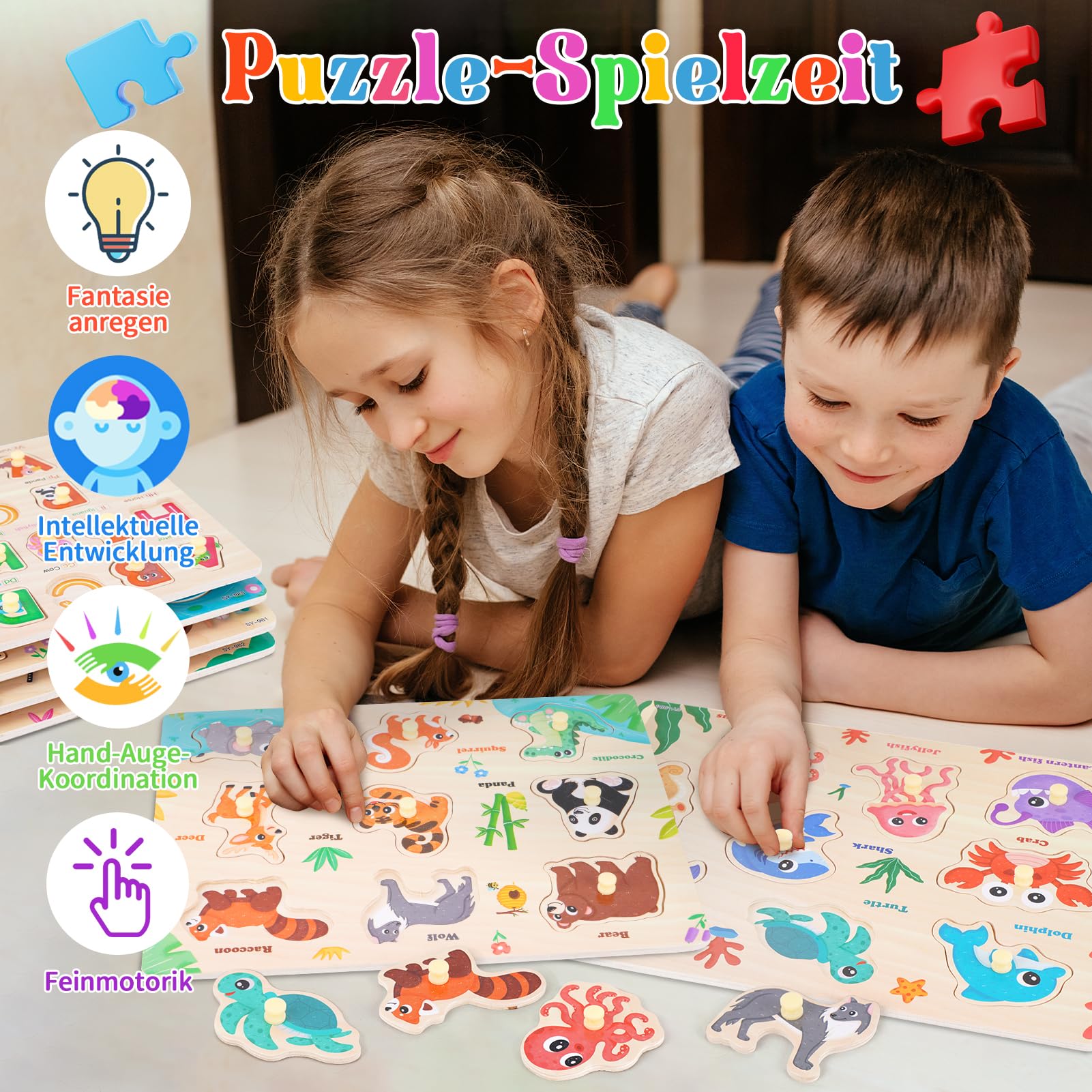 6PCS Kinder Holzpuzzle Spielzeug ab 3 Jahre, Montessori Spielzeug Puzzle ab 3 4 5 Jahre, Kinderspielzeug Steckpuzzle - Lernen Alphabet, Zahlen, Formen, Tiere, Lernspiele Geschenke für Jungen Mädchen