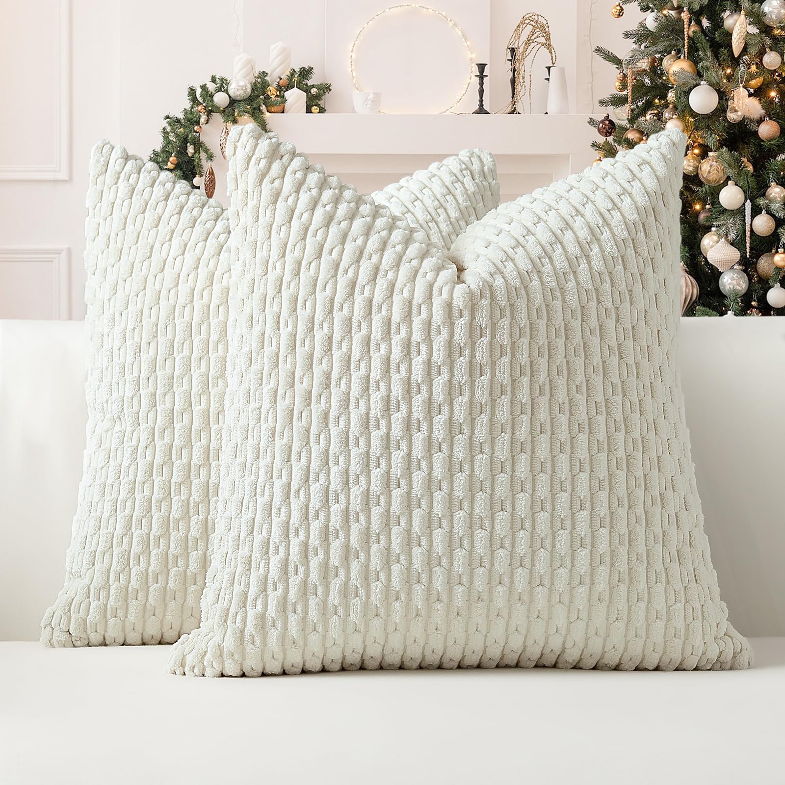 Sungeek Set of 2 Cream White Soft Corduroy Decorative Cushion Covers Boho Striped Throw Pillow Covers for Sofa Couch Living Room Patio Farmhouse Home Decor Pillowcases 40x40cm