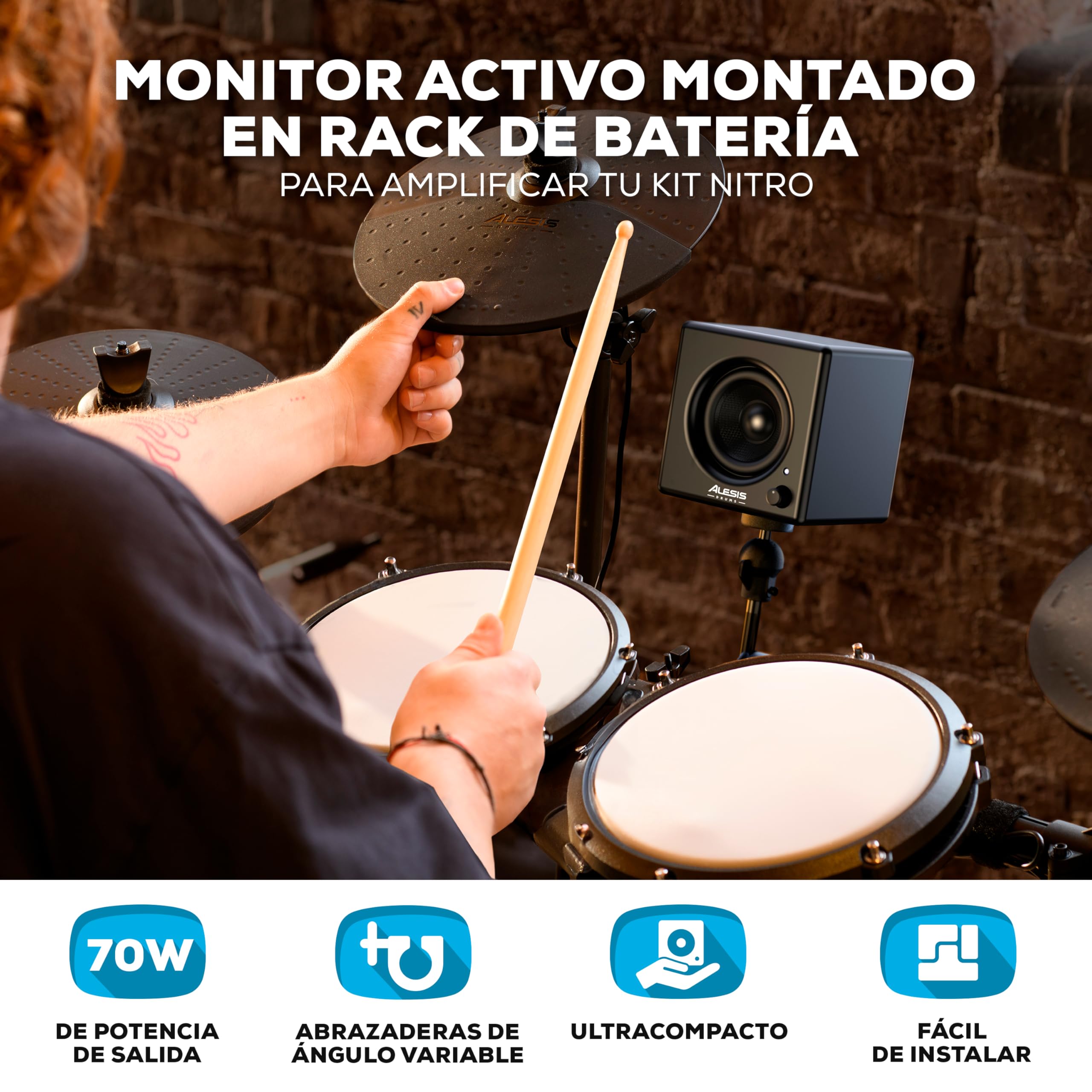 Alesis Nitro Max y Amp - Batería Electrónica con Parches de Malla, Caja de Doble Zona de 10", Bluetooth, USB MIDI, y Altavoz Monitor Compacto de 70W, Montable en Rack