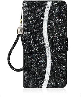 Guppy Compatible with iPhone 12 Glitter Wallet Case with 2 Credit Card Holder Slots Bling Diamond Sequin Flip Stand Purse PU Leather Soft Bumper Protective Cover Case 6.1 inch Black