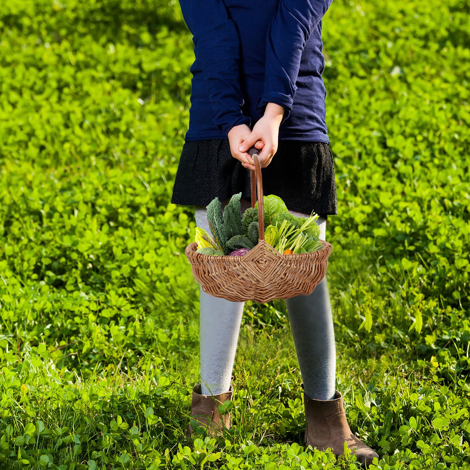LKPOMI 2 Pack Rattan Flower Basket, Wicker Handwoven Storage Basket with Handle and Plastic Liner Decorative Gifts Basket Picnic Baskets for Home Wedding Garden Decoration(Brown S)