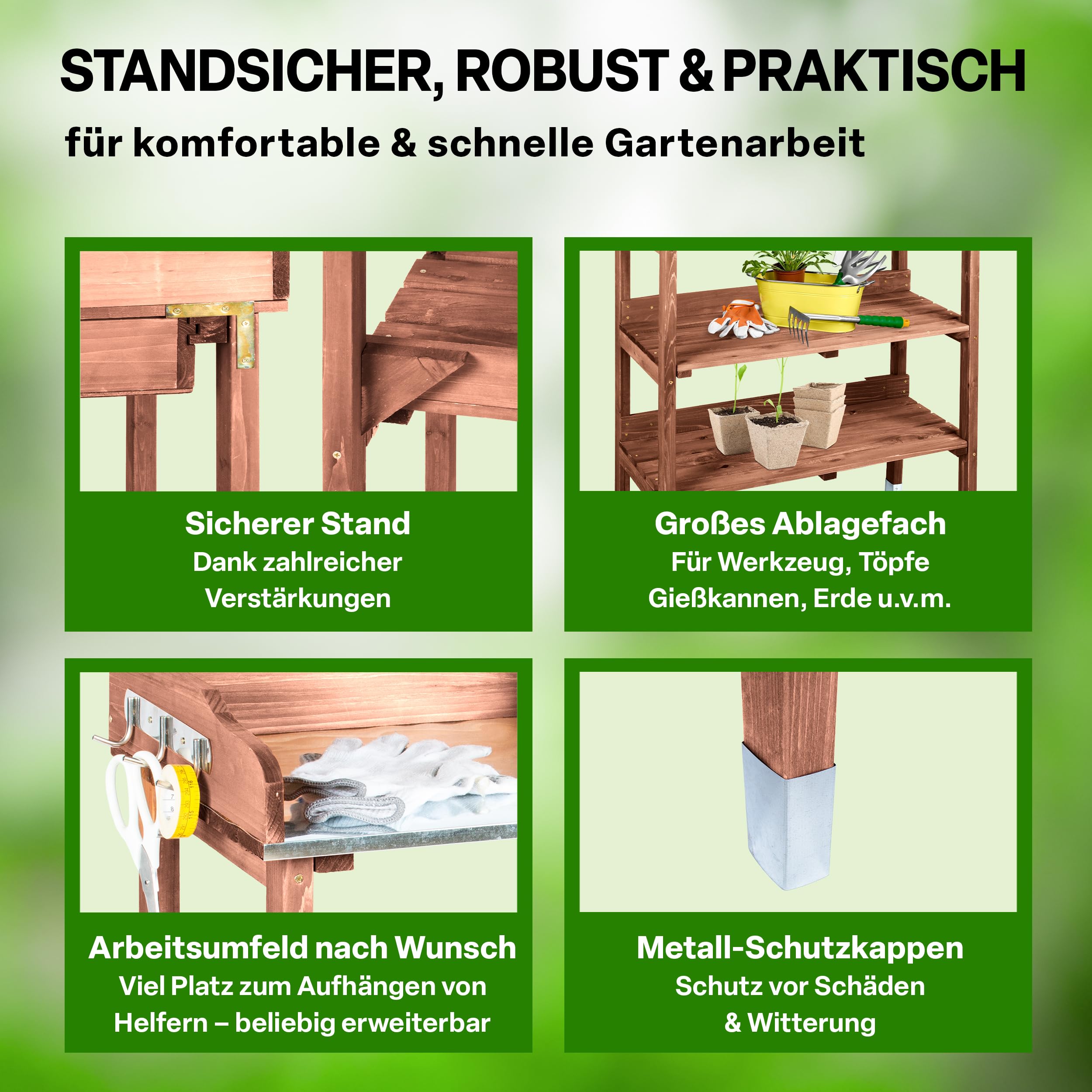 TTL Garden Planter Deluxe Table de jardinage 3 tiroirs plan de travail galvanisé extérieur résistante intempéries étagère 6 crochets bois sapin marron