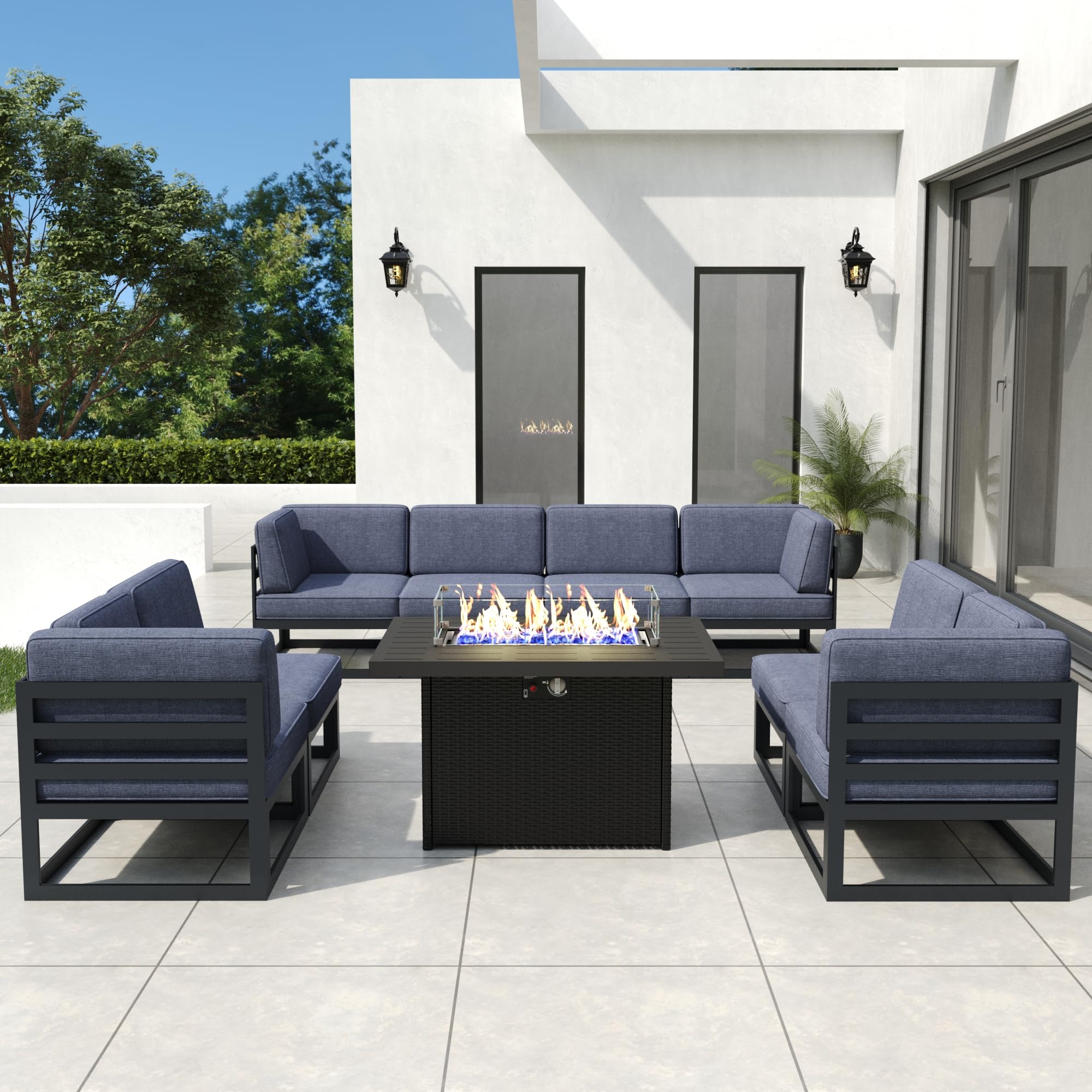 Vakollia 9 Pieces Aluminum Patio Furniture Set with Propane Gas 44" Fire Pit Table, Metal Outdoor Conversation Sofa Set with Seating Cushions