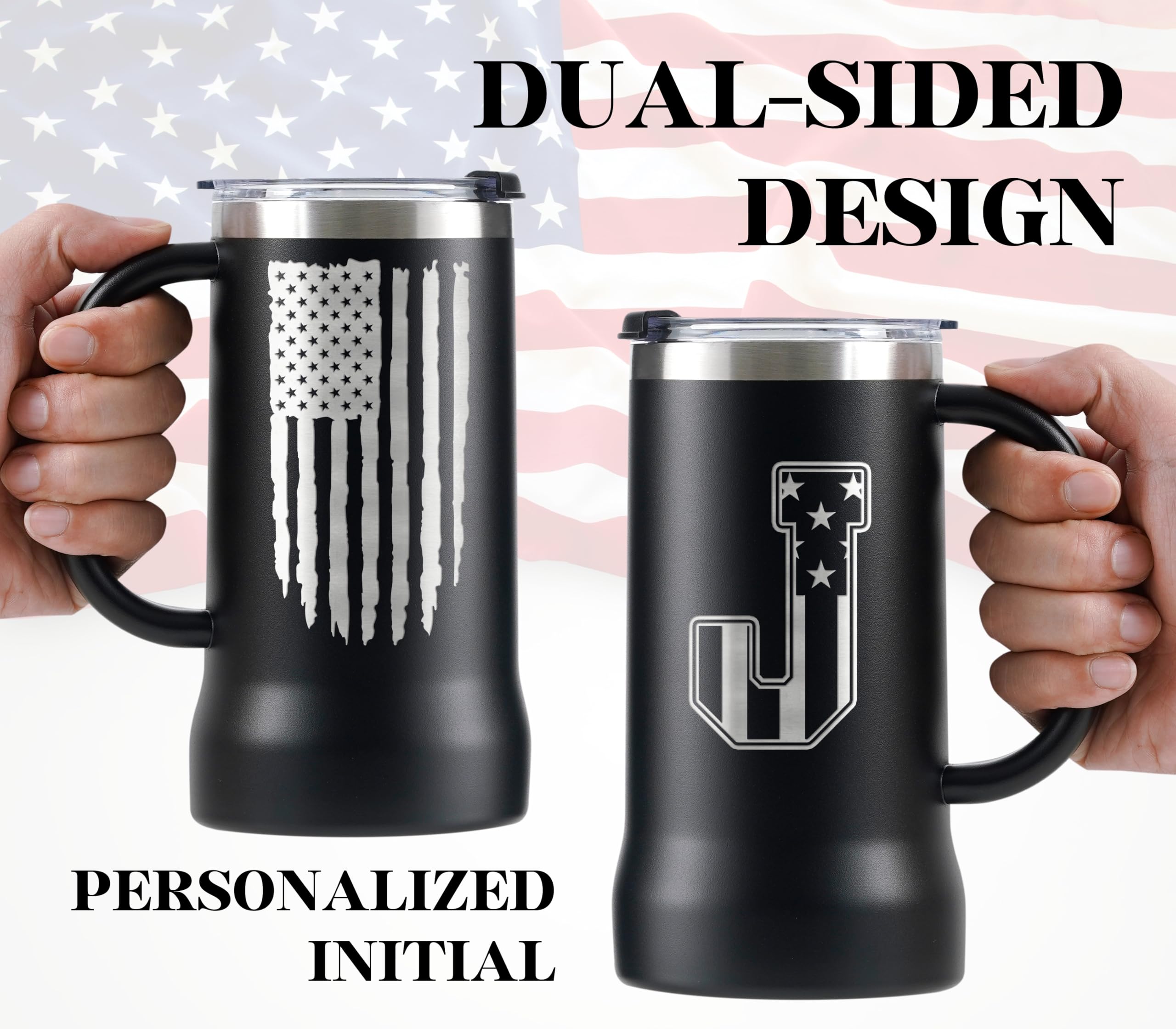 Onebttl Personalized Beer Stein, Beer Mug with Handle - Gifts for Beer Lovers, Men Who Have Everything on Birthday, Christmas - Customized Patriotic US Flag Gifts, Monogram 24 oz Cup, J