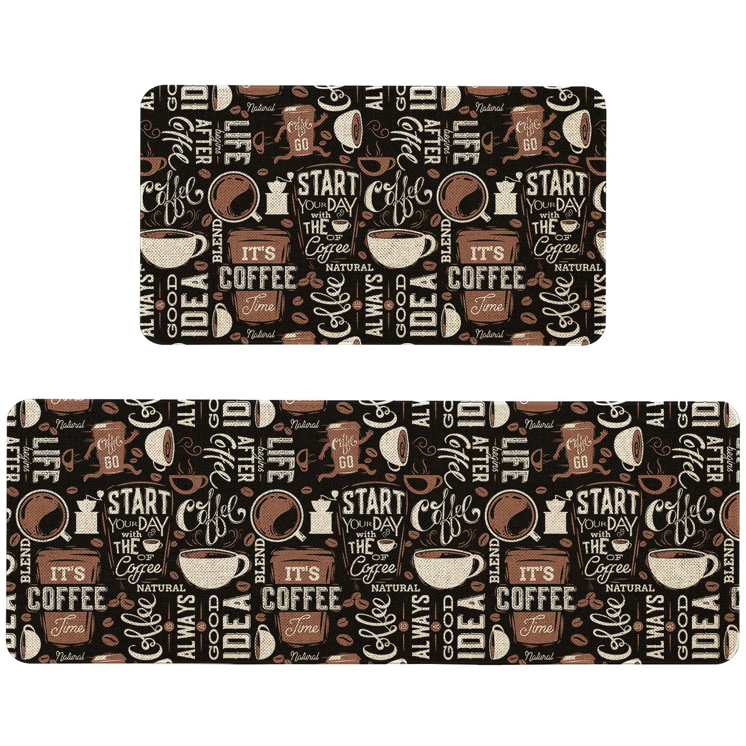 Kuyuayee Farmhouse Coffee Kitchen Mats Set of 2 Non Slip Vintage Coffee Kitchen Rugs Home Decor Low-Profile Washable Floor Mat 17x47 Inch and 17x29