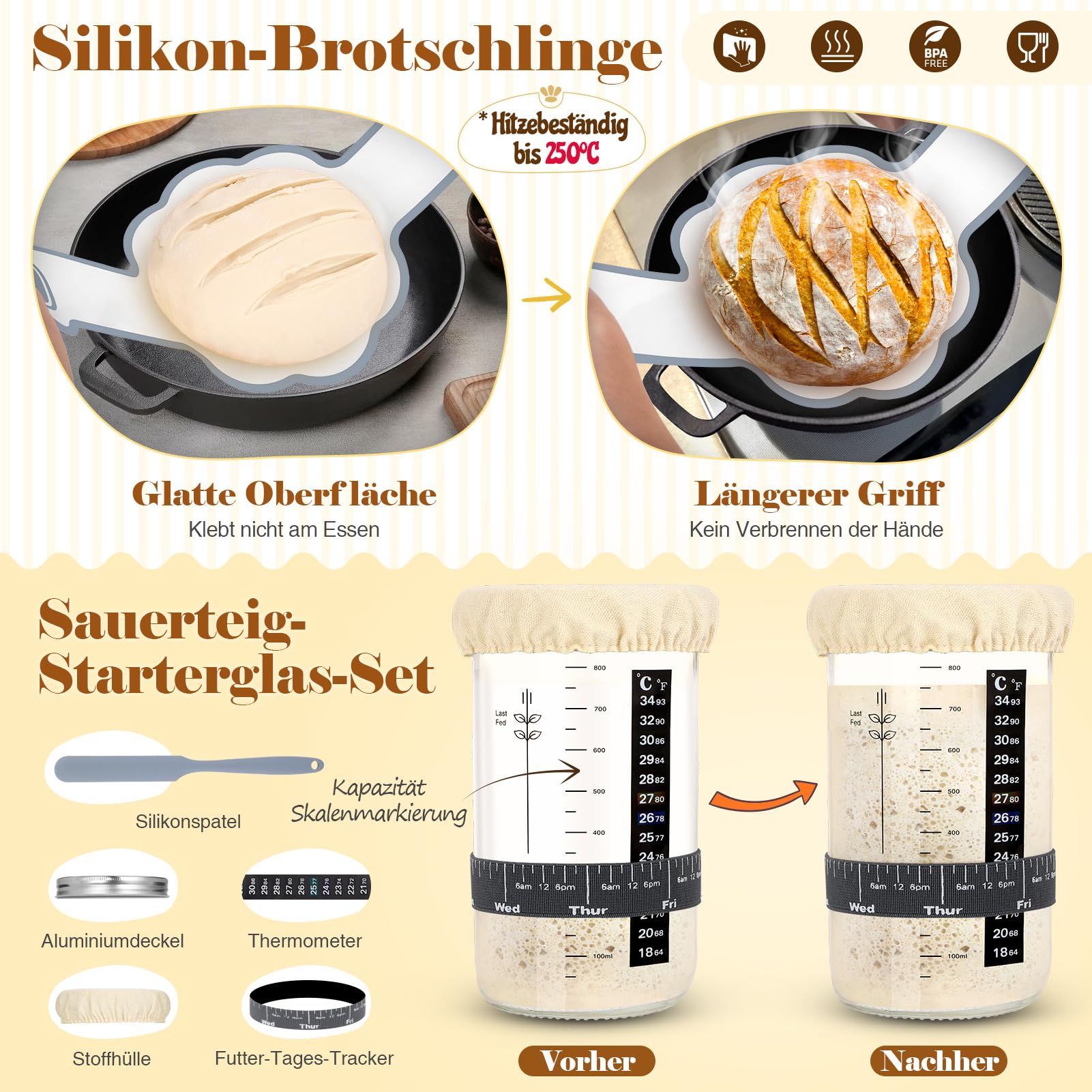 Gärkörbchen Für Sauerteig Starter Set, 25cm & 23cm Gärkorb Brot Backen, Sauerteig Starter Set Mit Sauerteig Starterglas, Brot Backen Startver Großes Geschenk Für Anfänger, Erfahrener Bäcker