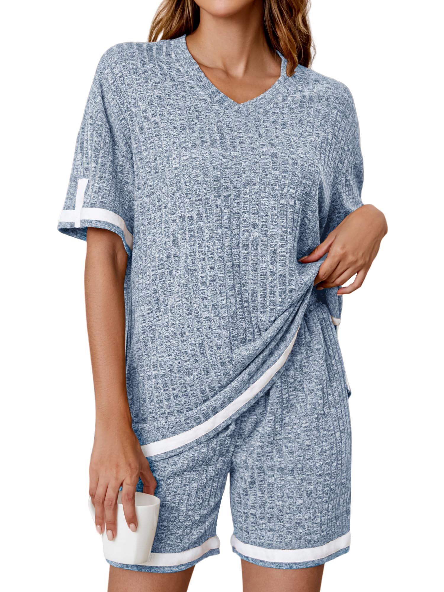 Anbech Womens Pajamas 2 Piece Ribbed Sleepwear Outfits Short Sleeve Matching Lounge Set