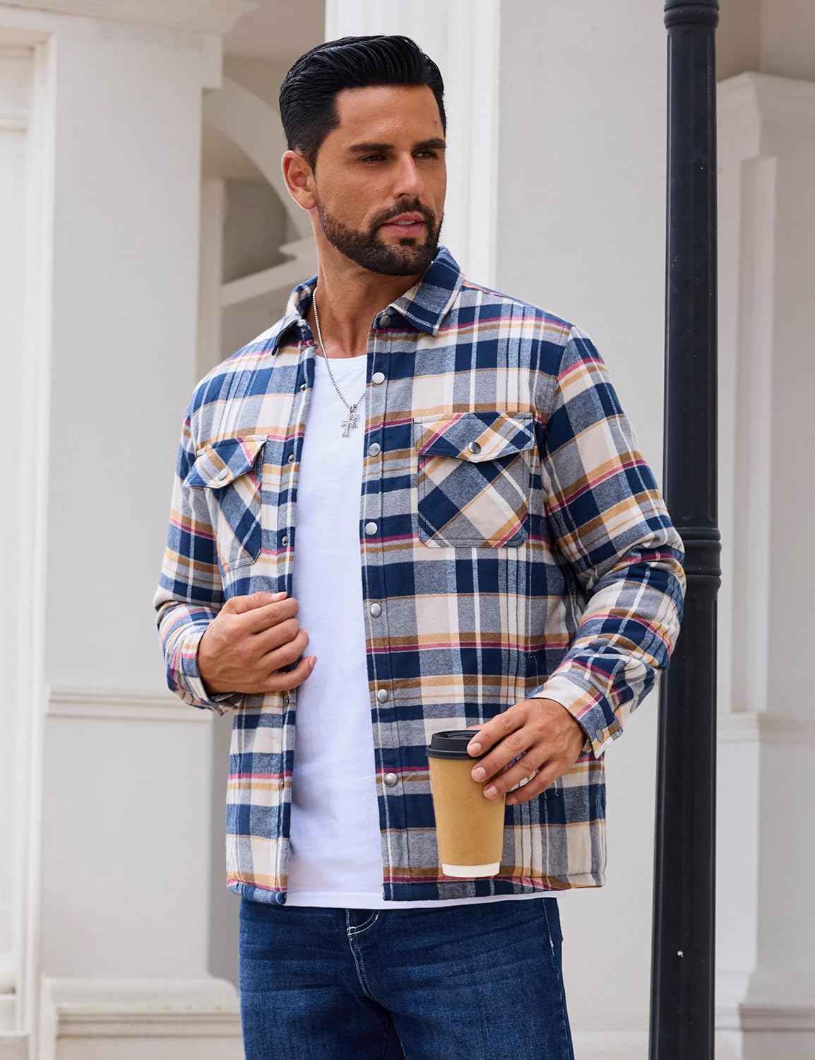 EKLENTSON Men's Flannel Shirt Jacket Quilted Lined Plaid Coats Warm Winter Jacket Thick Button Down Coat with 5 Pockets - Image 2